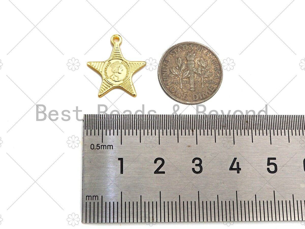 18k Dainty Gold Embossed Star Charms, Queen Elizabeth Charms, Gold Pendant, Five Point Star Necklace Charms, 18x16mm, Sku#Y380