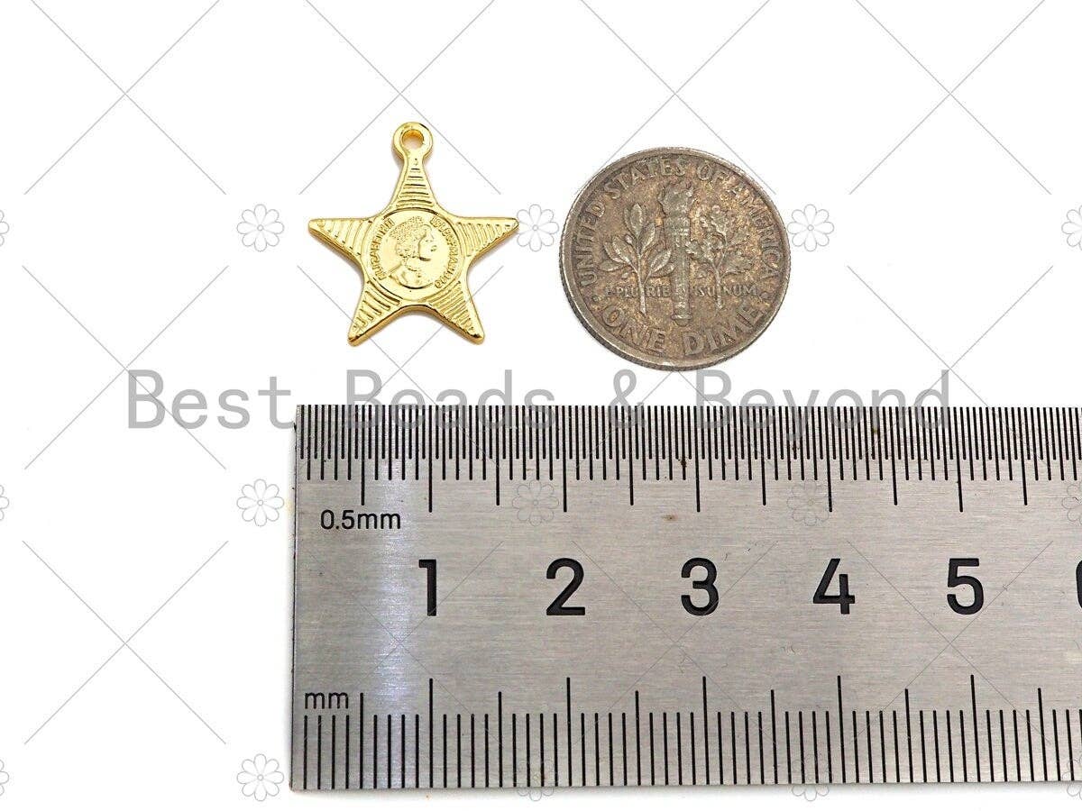 18k Dainty Gold Embossed Star Charms, Queen Elizabeth Charms, Gold Pendant, Five Point Star Necklace Charms, 18x16mm, Sku#Y380