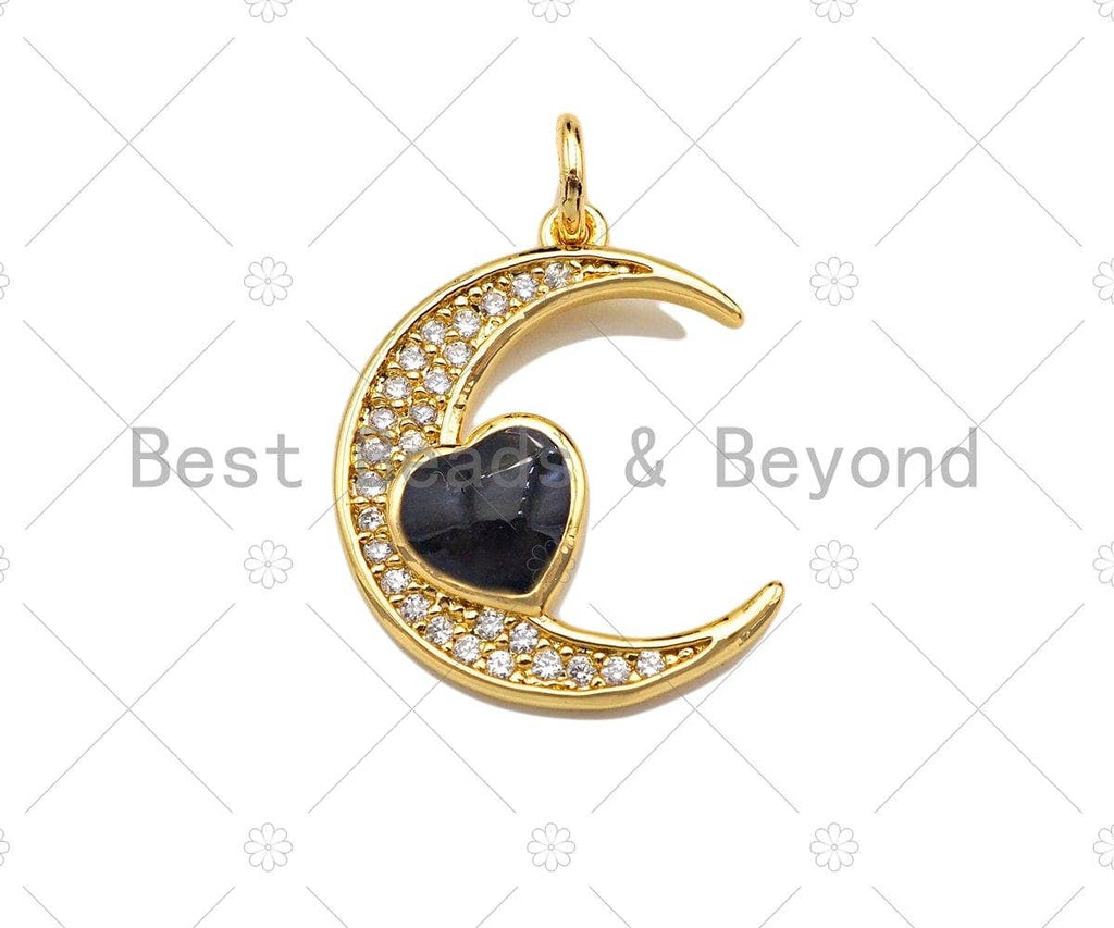 CZ Micro Pave Enamel Heart With Cresent Moon Pendant/Charm, White Pink Black Enamel Charm, Necklace Bracelet Charm Pendant,15x20mm, Sku#L479C