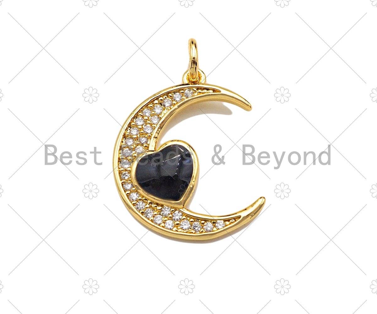CZ Micro Pave Enamel Heart With Cresent Moon Pendant/Charm, White Pink Black Enamel Charm, Necklace Bracelet Charm Pendant,15x20mm, Sku#L479C