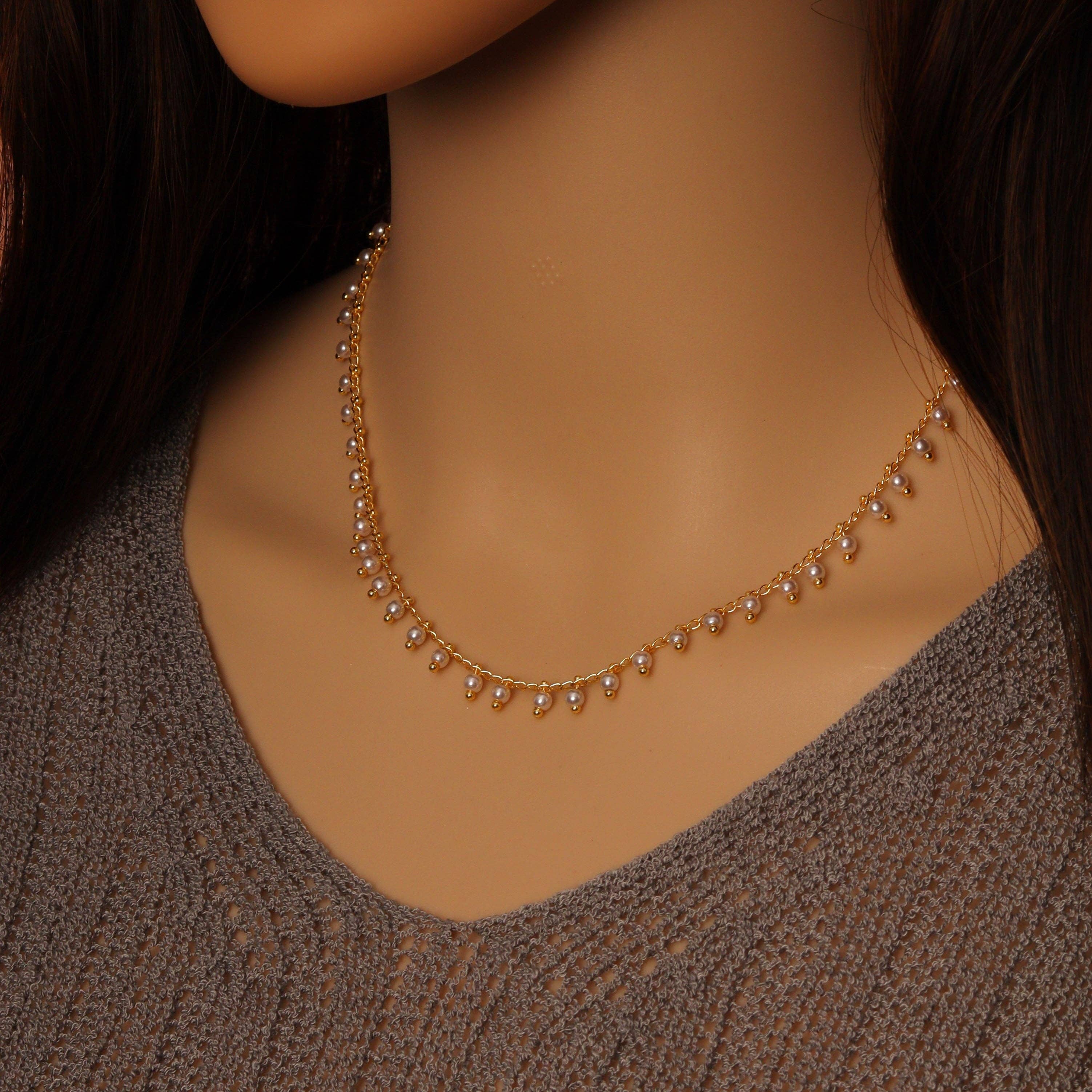 Gold Dangle White Pearl Chain Necklace Bracelet Anklet, sku#EF516
