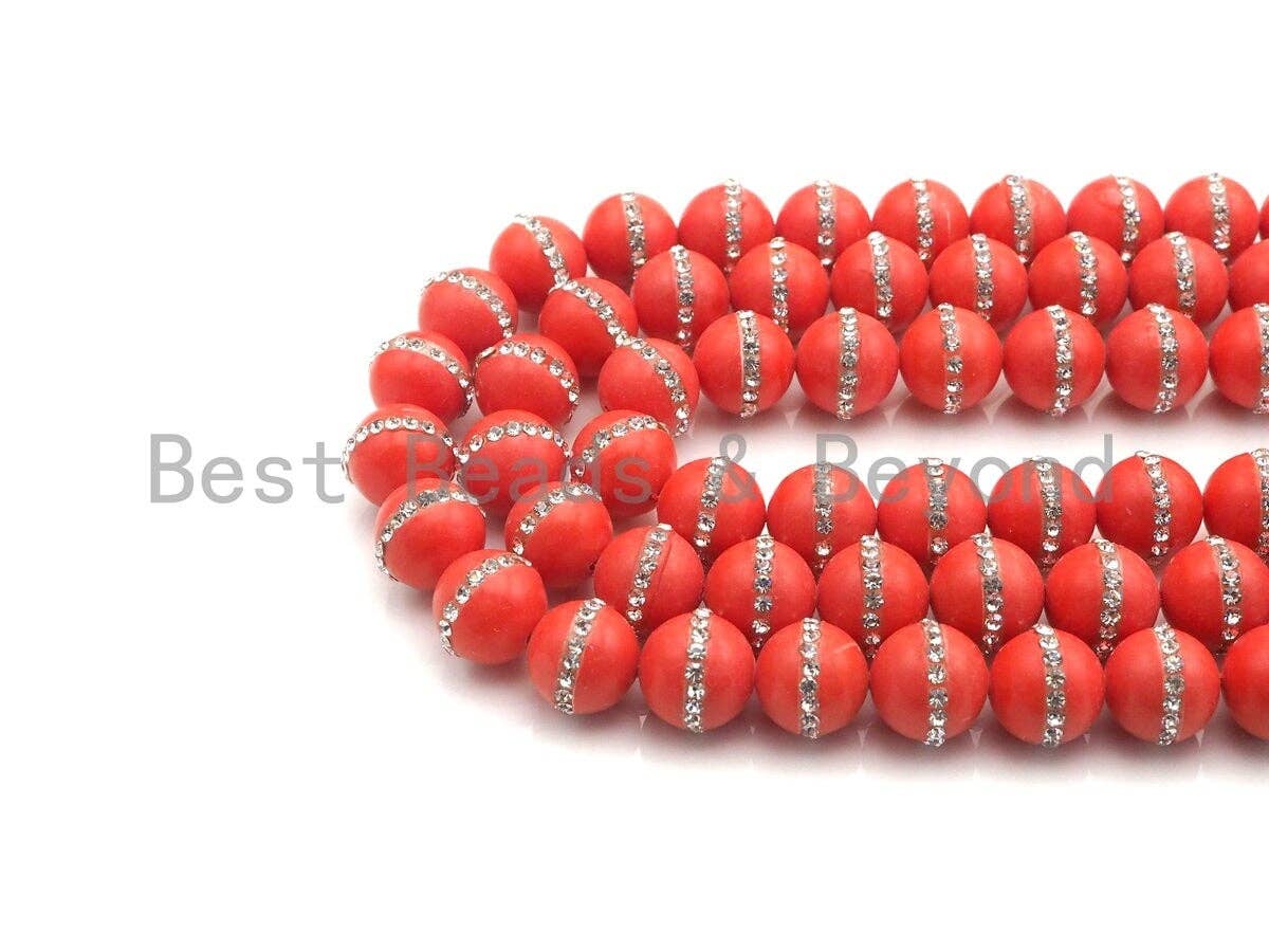 6mm/8mm/10mm/12mm ORANGE Pearl with Rhinestone Inlaid, Orange Round Mother of Pearl Beads, 15.5'' Full strand, Sku#V60