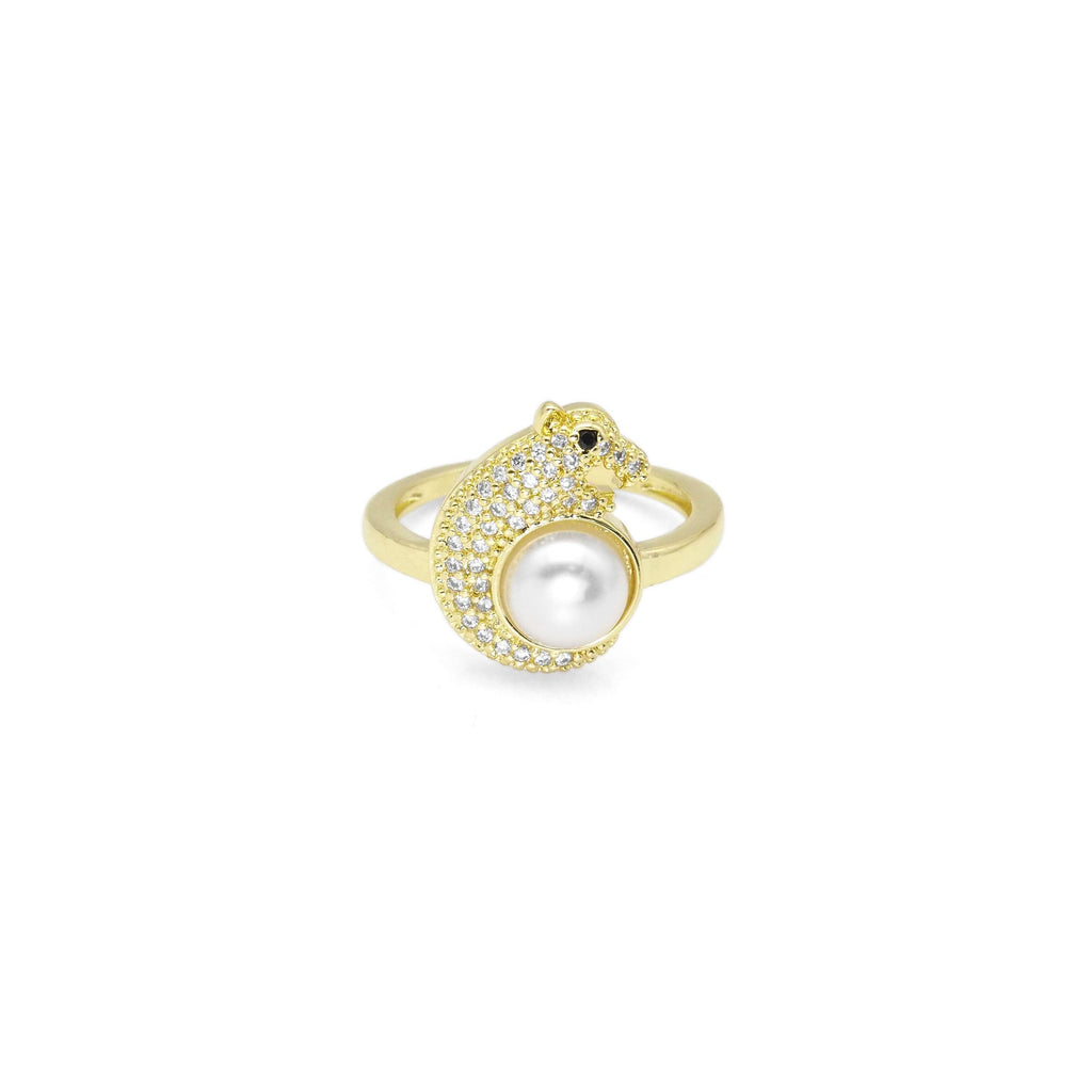 CZ Gold Jaguar Leopard White Pearl Ring, Sku#LX413