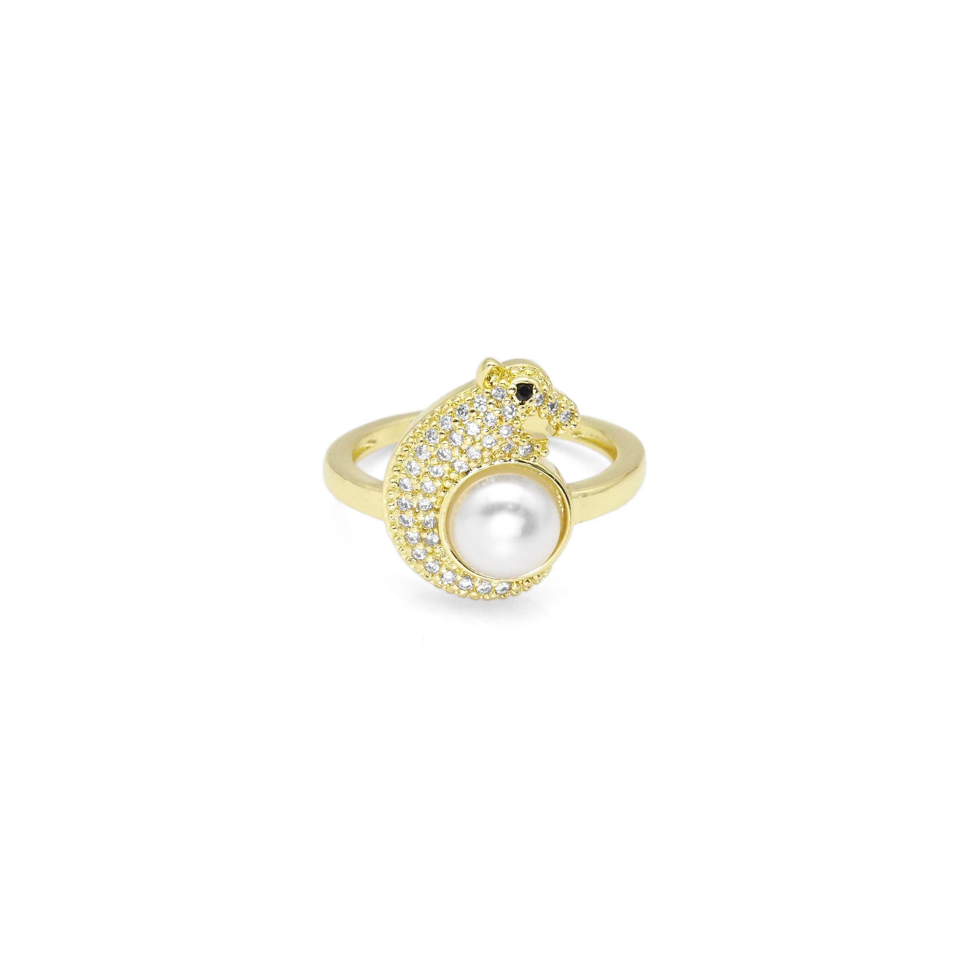 CZ Gold Jaguar Leopard White Pearl Ring, Sku#LX413