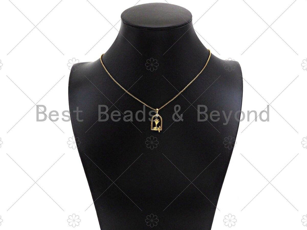CZ Micro Pave Rose Flower On Birdcage Frame Shape Pendant/Charm, 18K Gold Charm, Necklace Bracelet Charm Pendant,11x23mm, Sku#LK259
