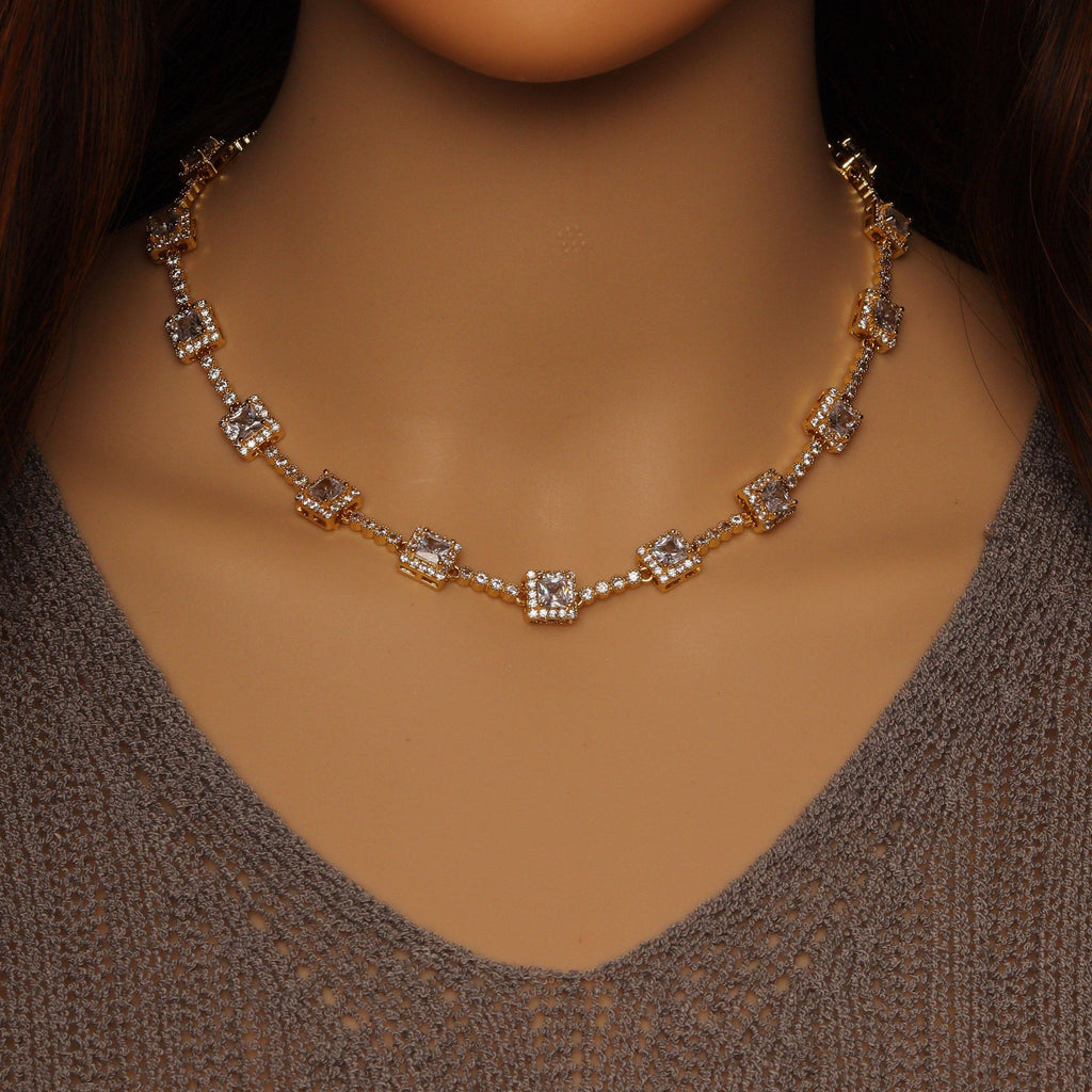 Gold Silver Square CZ Link Statement Necklace, Sku#A116