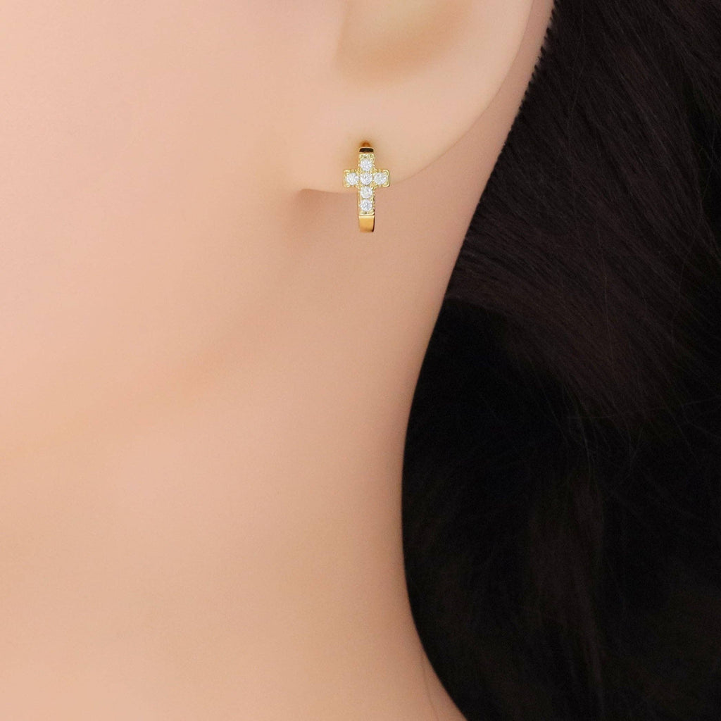 CZ Gold Cross Huggie Earrings, Sku#ZX180