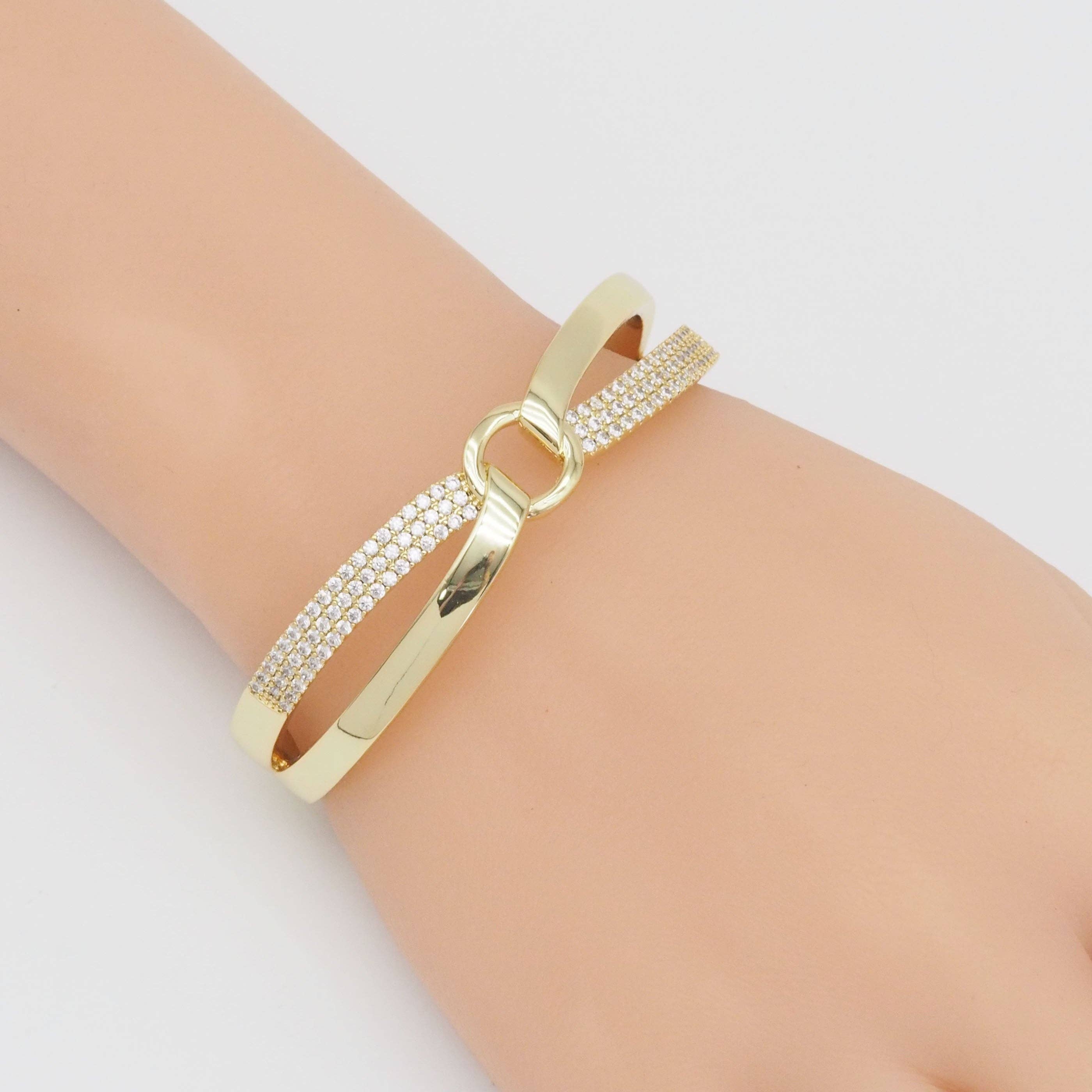 Gold CZ Cross over Adjustable Bracelet, Sku#LX290