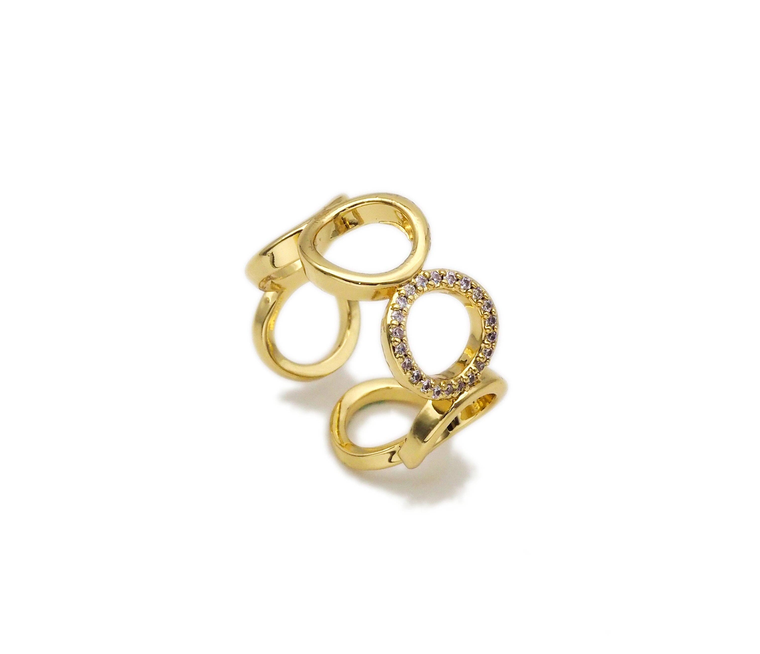 Gold CZ Circle Link Adjustable Ring, Sku#X219