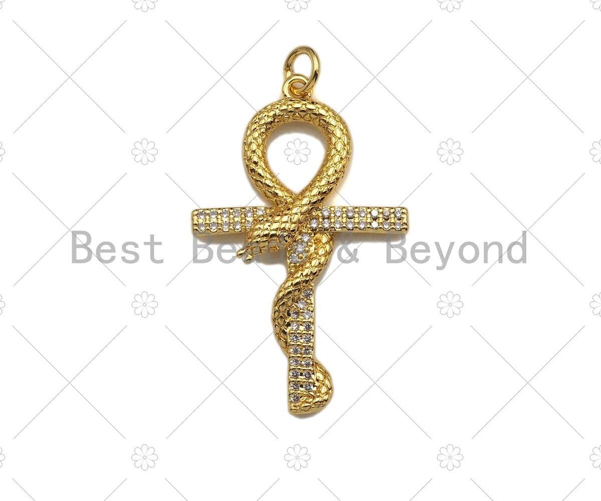 CZ Micro Pave Snake On Cross Shape Pendant/Charm,Cubic Zirconia Charm, Necklace Bracelet Charm Pendant,21x34mm, Sku#Y357