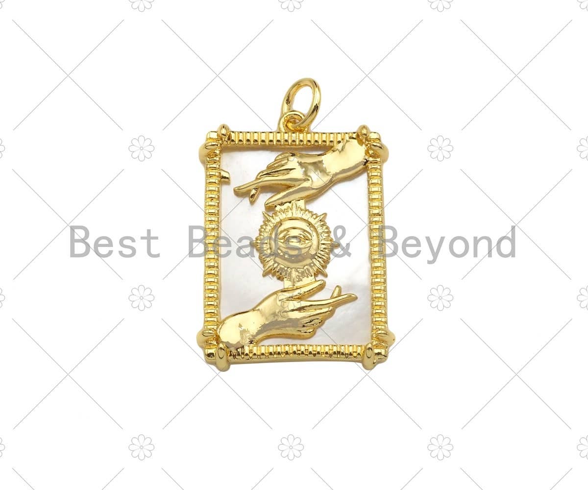 Gold Filled Hand Sun Heart Snake On MOP Rectangle Pendant, 18K Gold Filled Mother of Pearl Charm,Necklace Bracelet Charm,18x24mm,Sku#Z1339