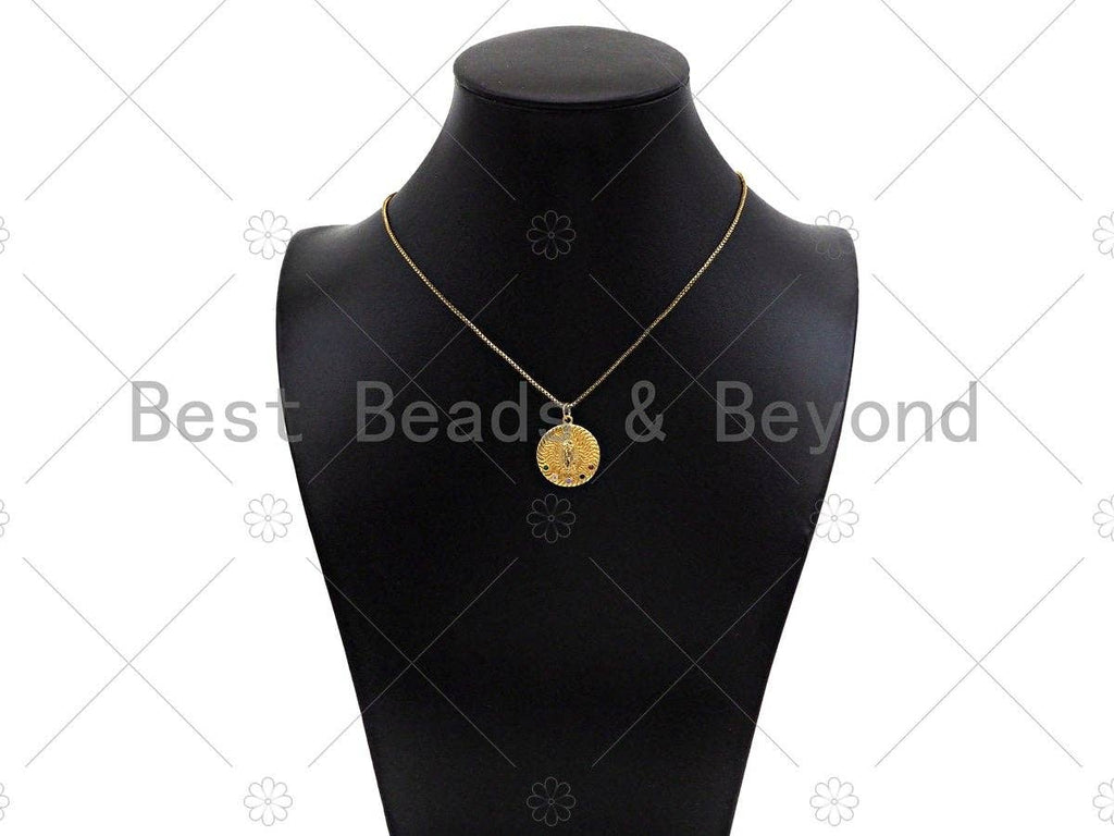 Colorful CZ Micro Pave Virgin Mary On Round Coin Shape Pendant,18K Dainty Gold Medallion Charm, Necklace Bracelet Charm,19x21mm,Sku#JL45