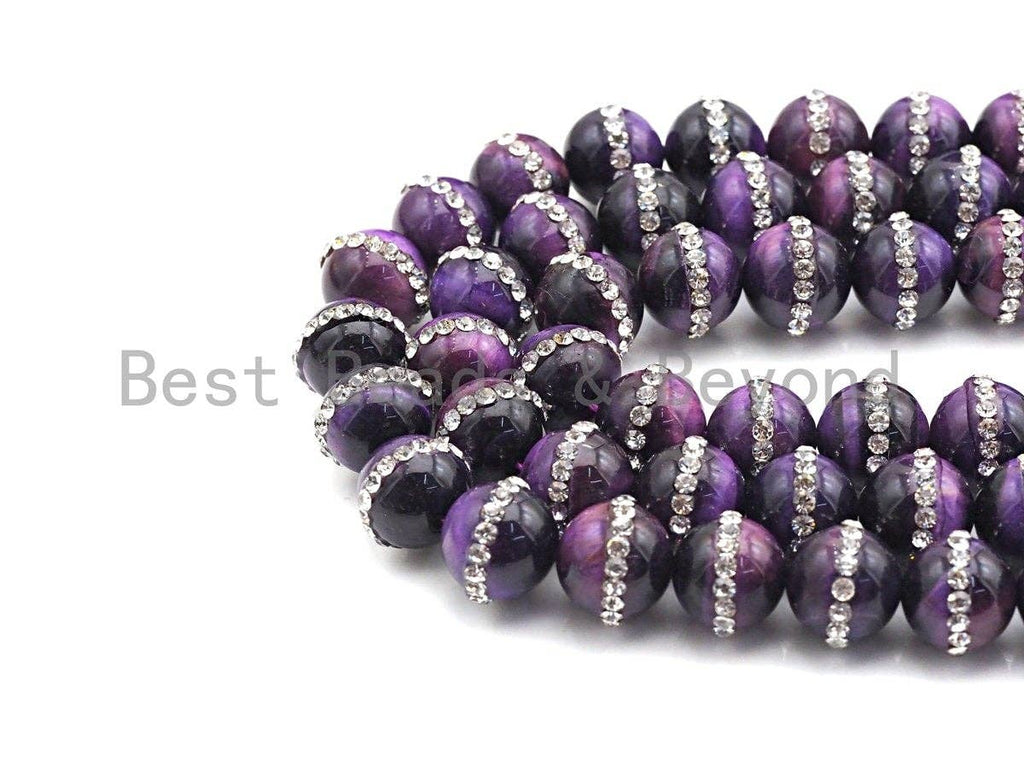 High Quality Purple Tiger Eye with Rhinestone Inlaid, 6mm/8mm/10mm/12mmRound Tiger Eye Beads, 15.5'' Full Strand, SKU#V55