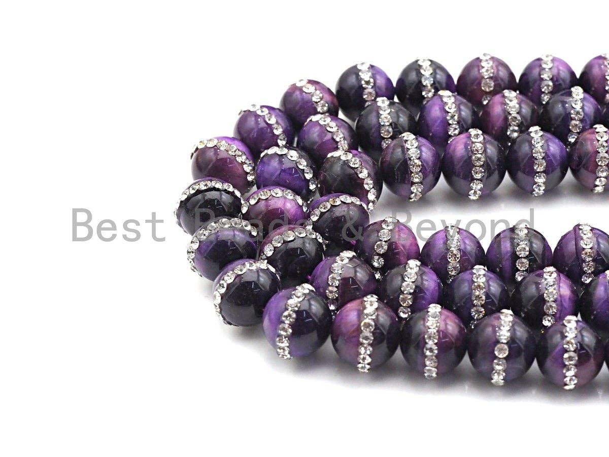 High Quality Purple Tiger Eye with Rhinestone Inlaid, 6mm/8mm/10mm/12mmRound Tiger Eye Beads, 15.5'' Full Strand, SKU#V55