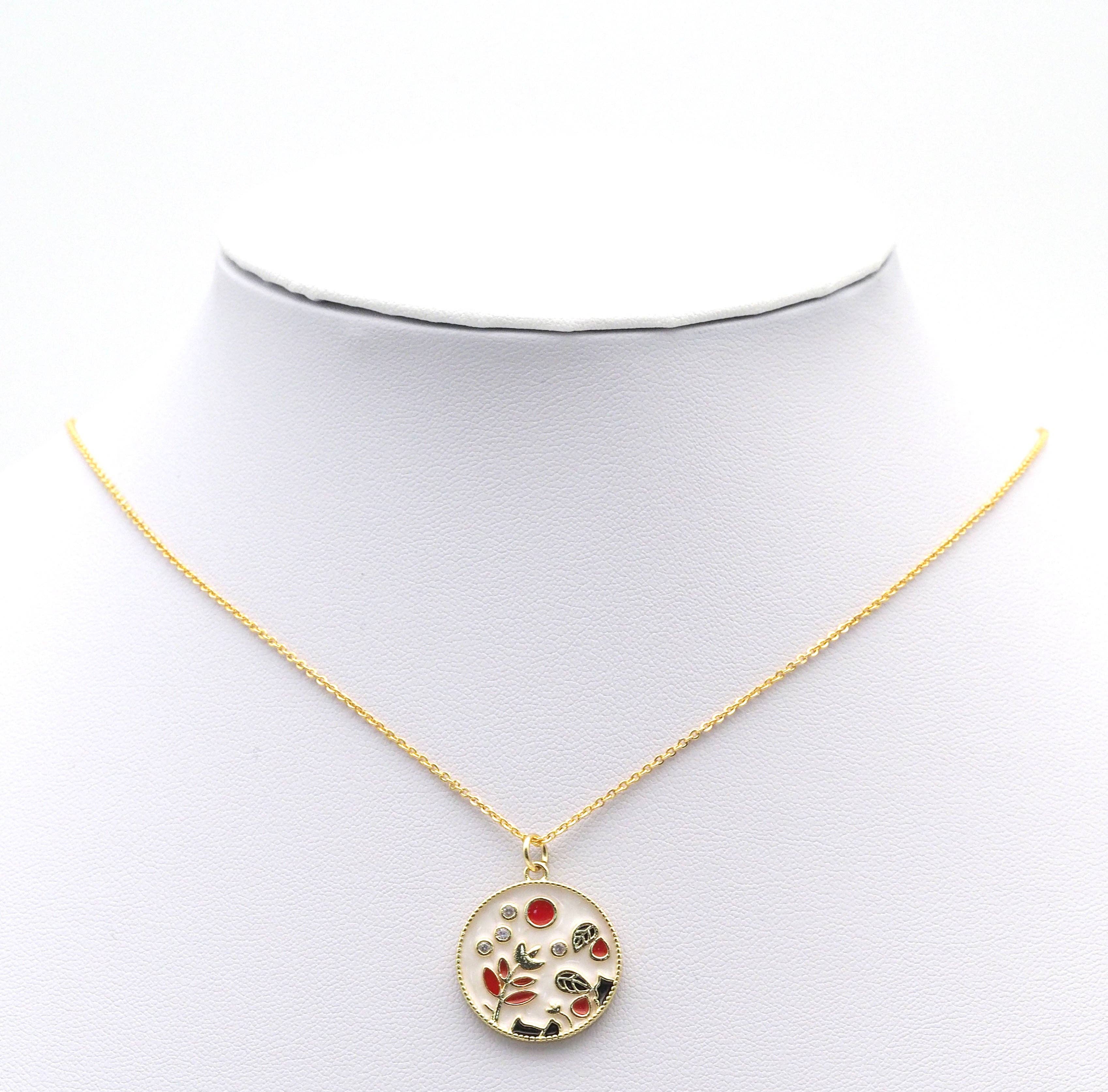 CZ Gold Enamel Flower bee Mountain Round Coin Charm, Sku#LX149