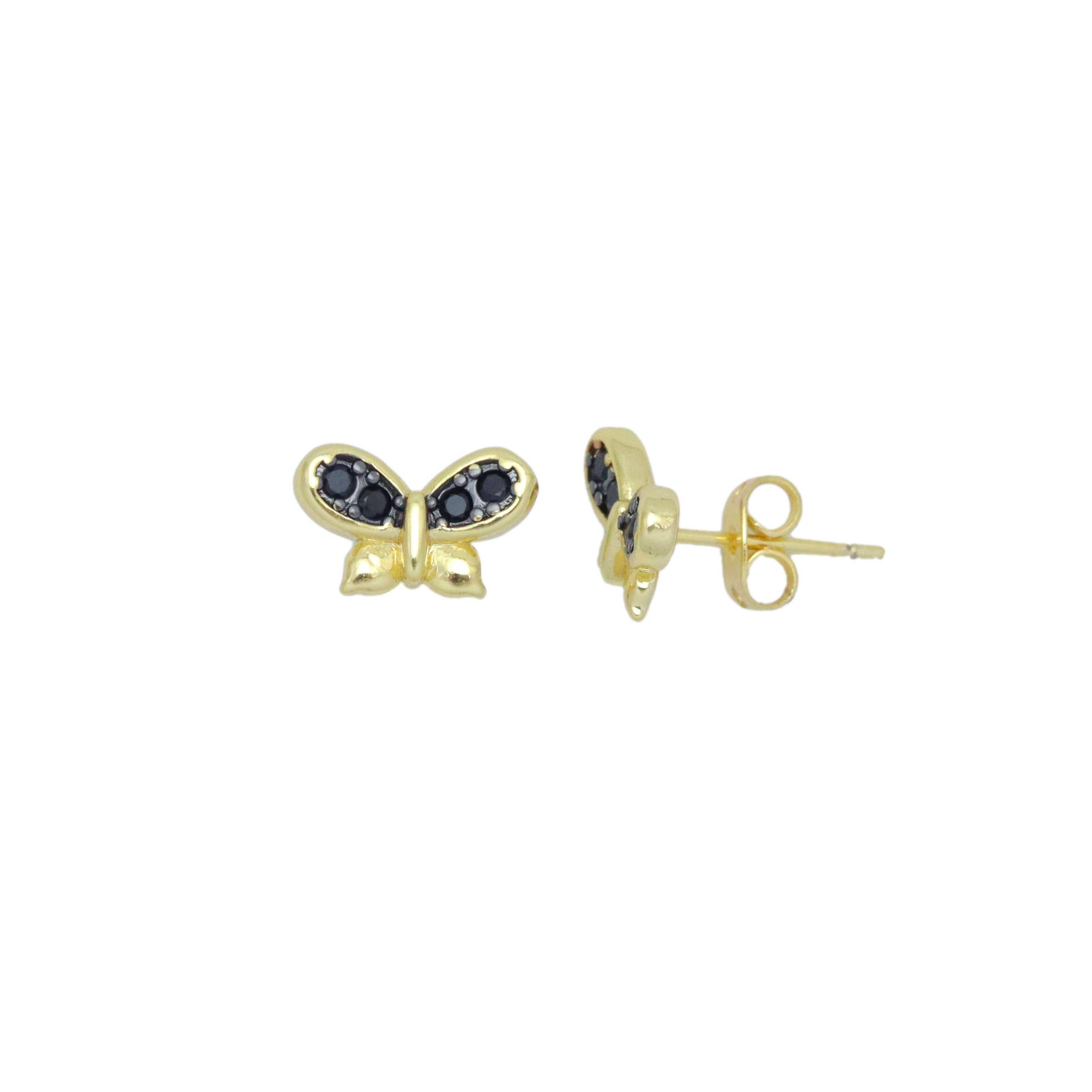 Black CZ Gold Butterfly Stud Earrings, Sku#LK1011