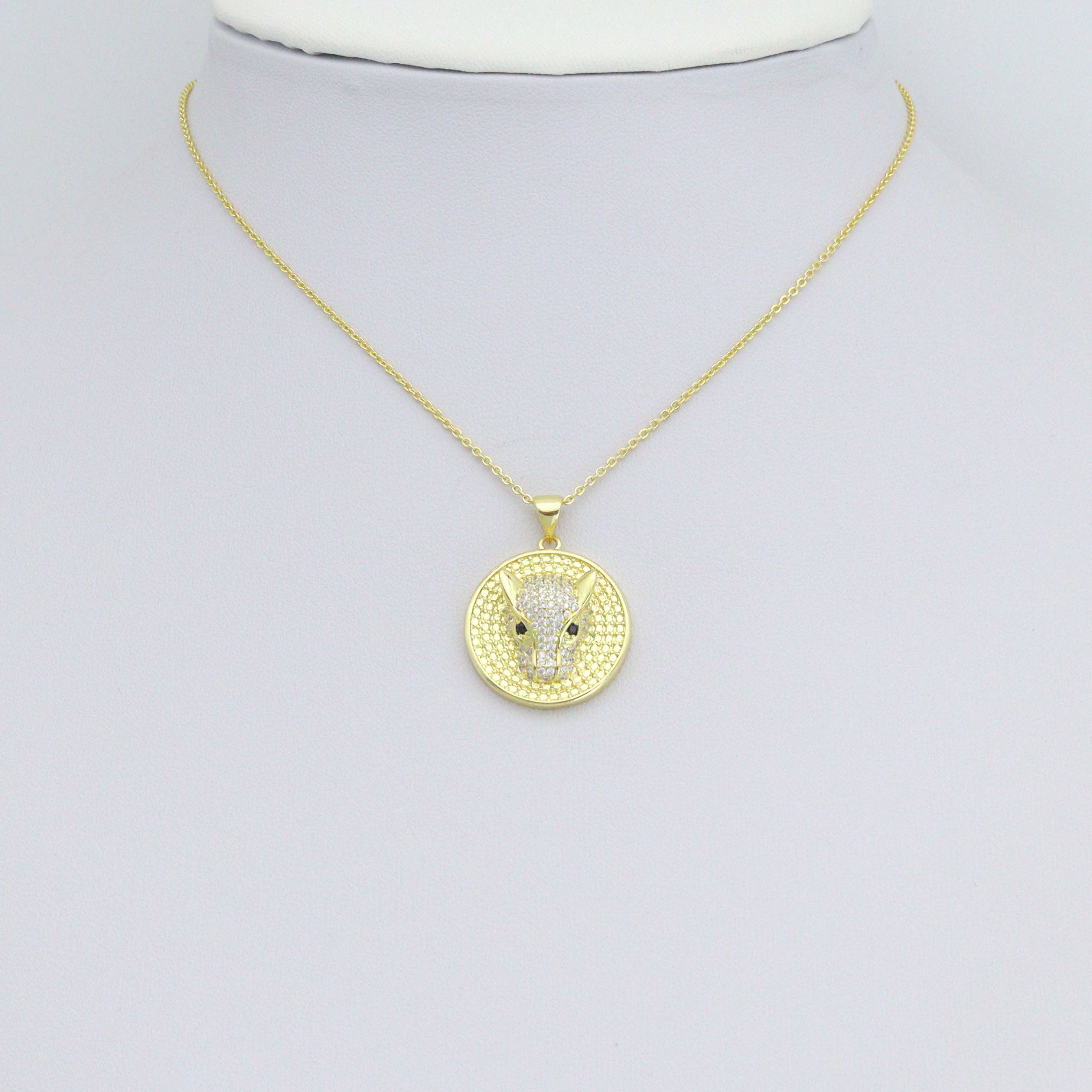Clear CZ Gold Leopard Head Round Coin Charm Pendant,Sku#LX863