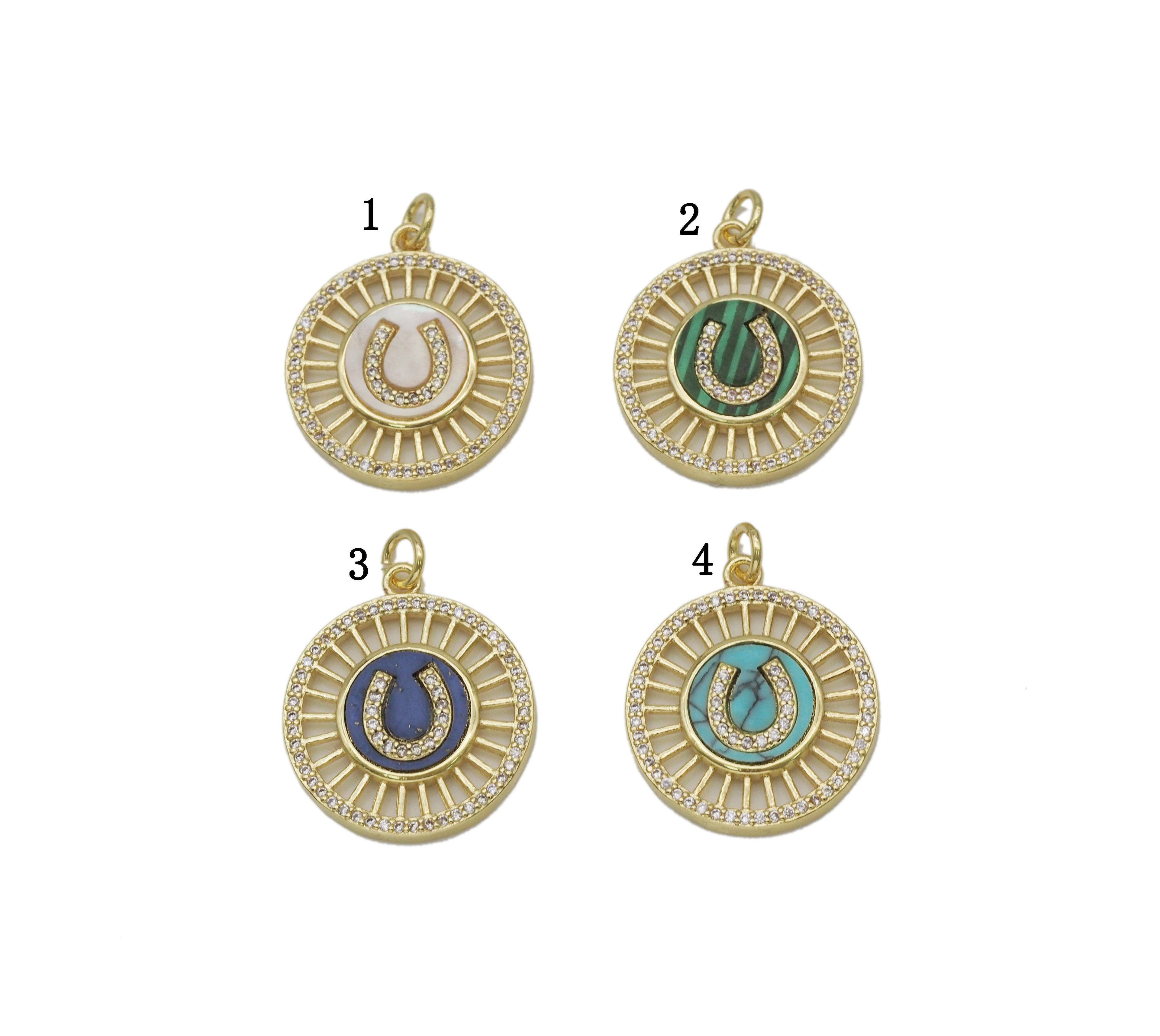 Gold CZ Horseshoe U Shape On Round Coin Charm, Sku#L695