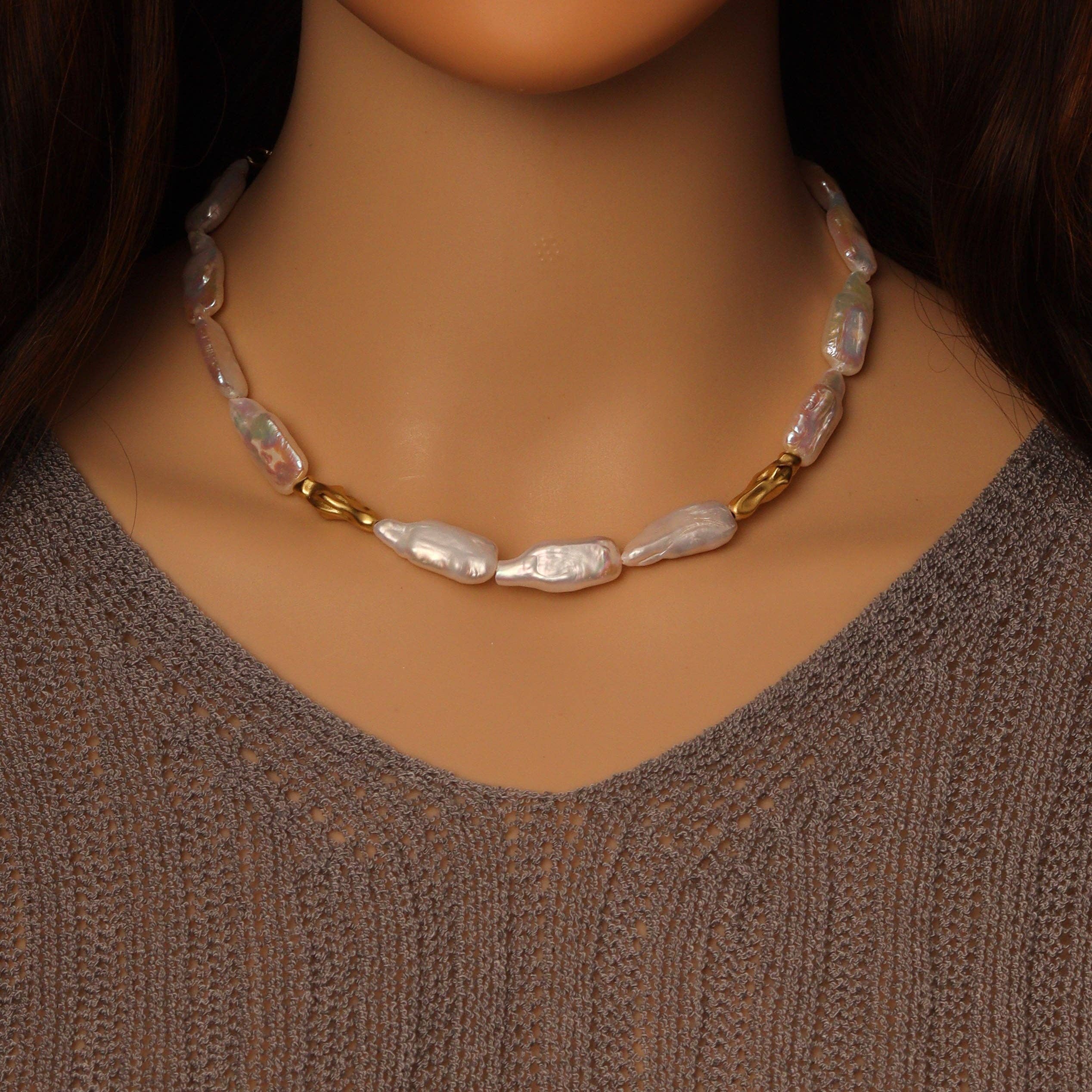 Freshwater Long Nugget Biwa Pearl with Gold Spacer Necklace, Y866