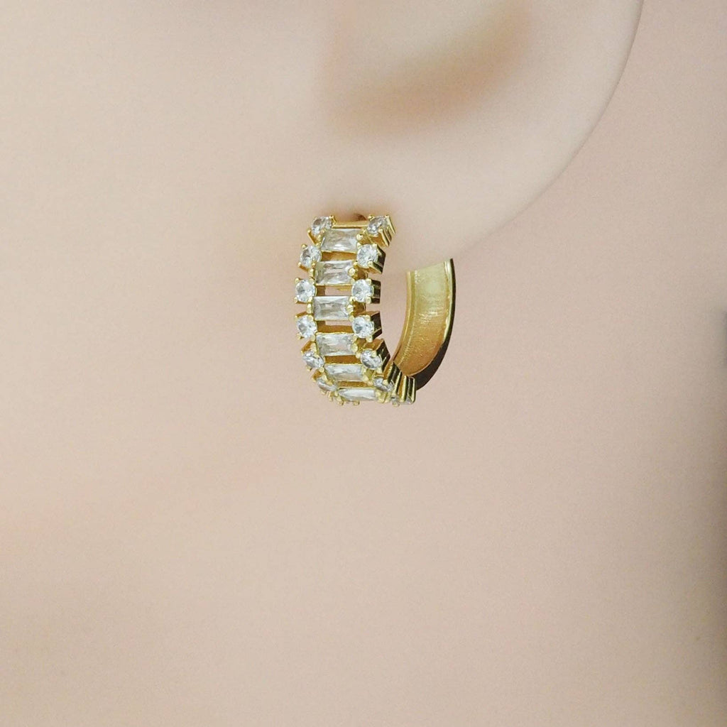 Gold Silver Baguette CZ Round Hoop Earrings, Sku#A131