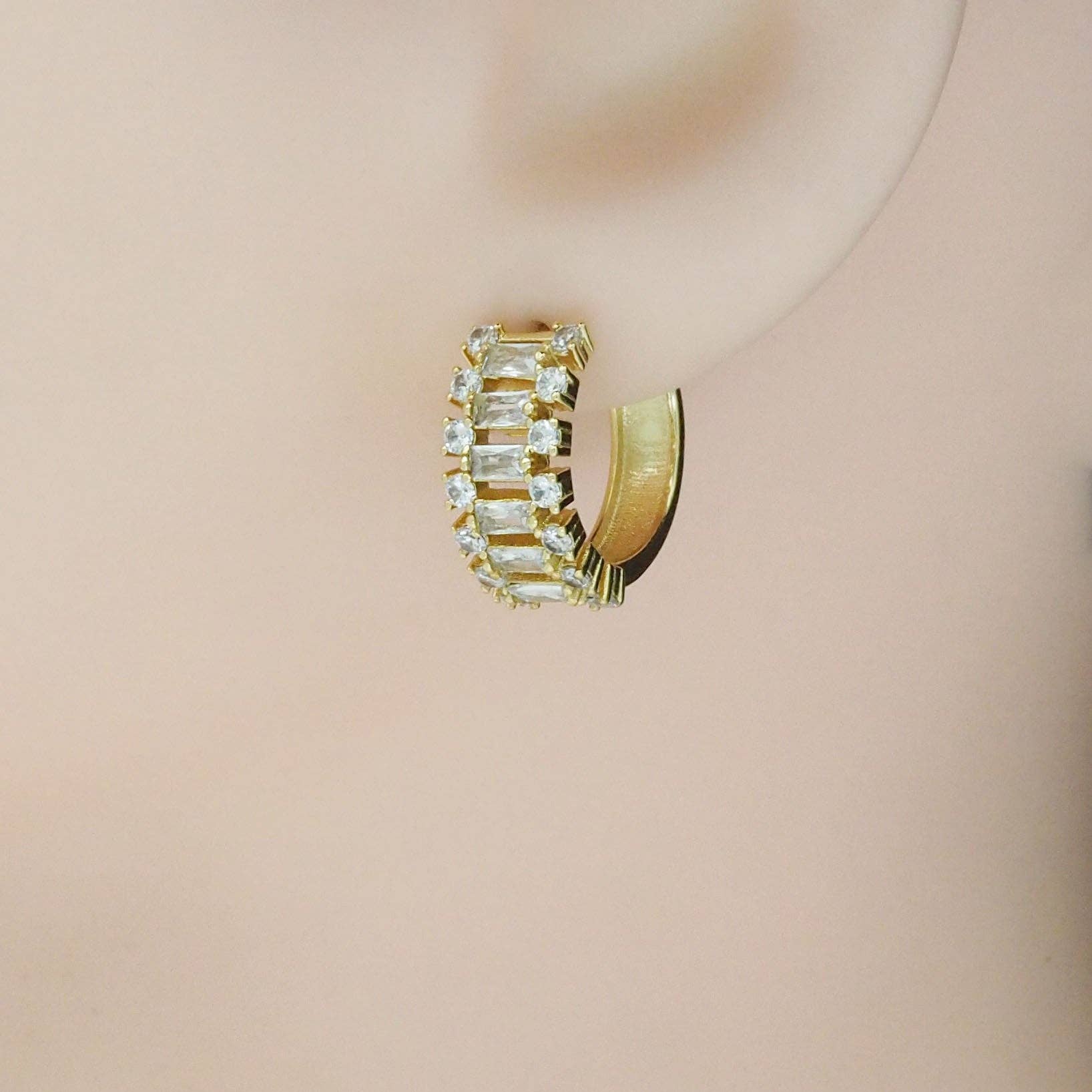 Gold Silver Baguette CZ Round Hoop Earrings, Sku#A131