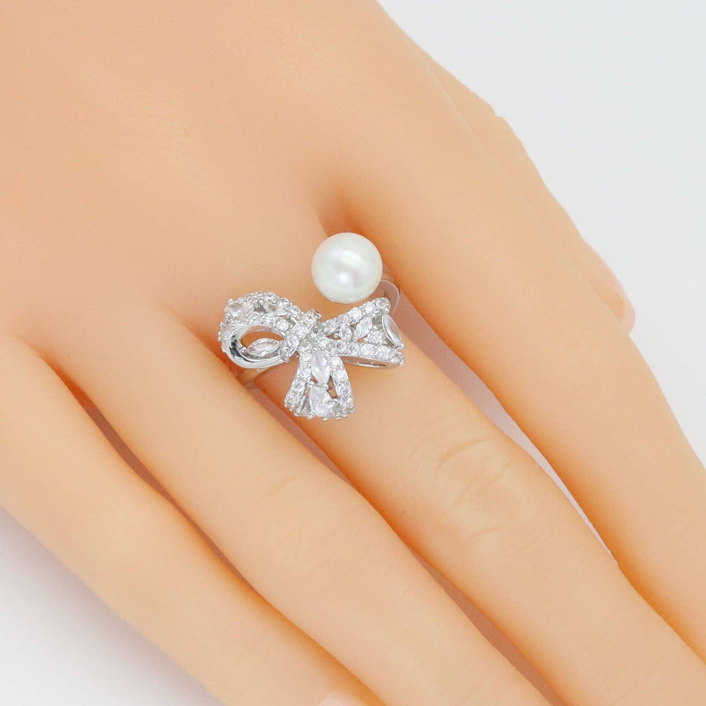 CZ Bowknot White Pearl Statement Adjustable Ring, Sku#ZX214