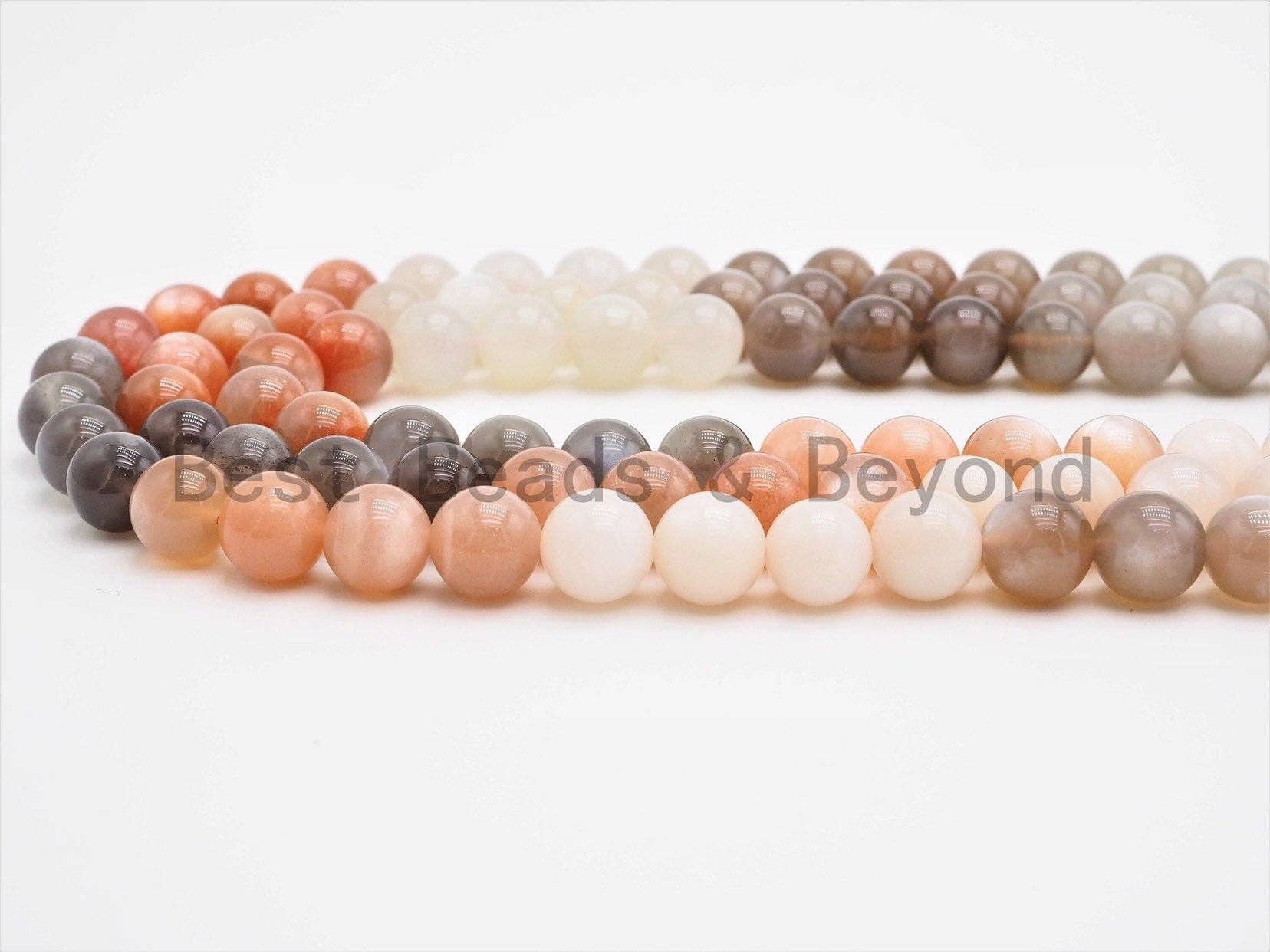 Quality Natural Mixed Color Moonstone Beads, 6/8/10/12mm Round Smooth beads, Peach Gray White Gemstone Beads, 15.5inch strand, SKU#U356