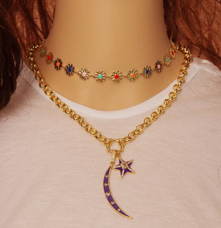 Rolo Star Cresent Moon Chain Necklace, Sku#EF217