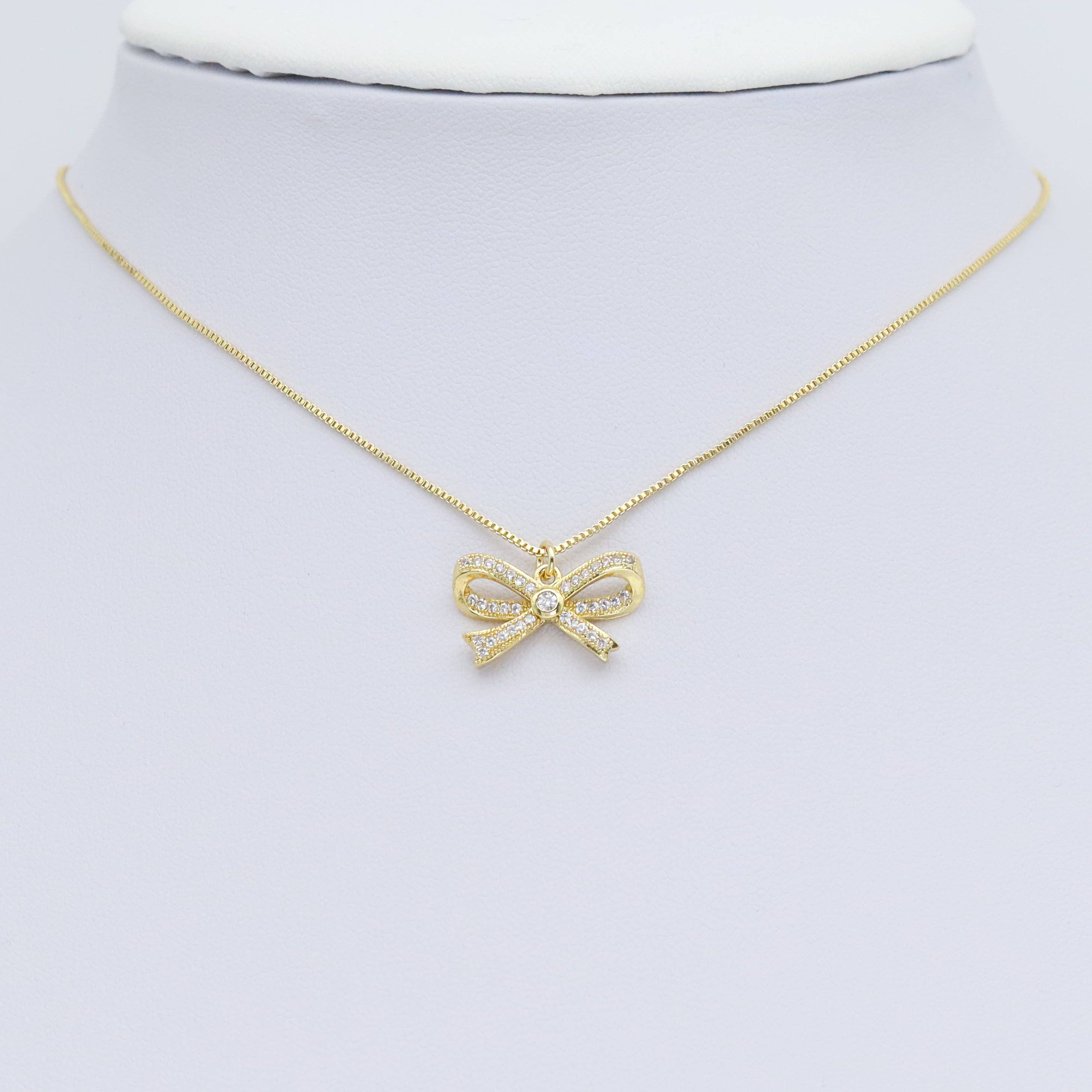 Clear CZ Gold Silver Bow Charm Pendant, Sku#A314