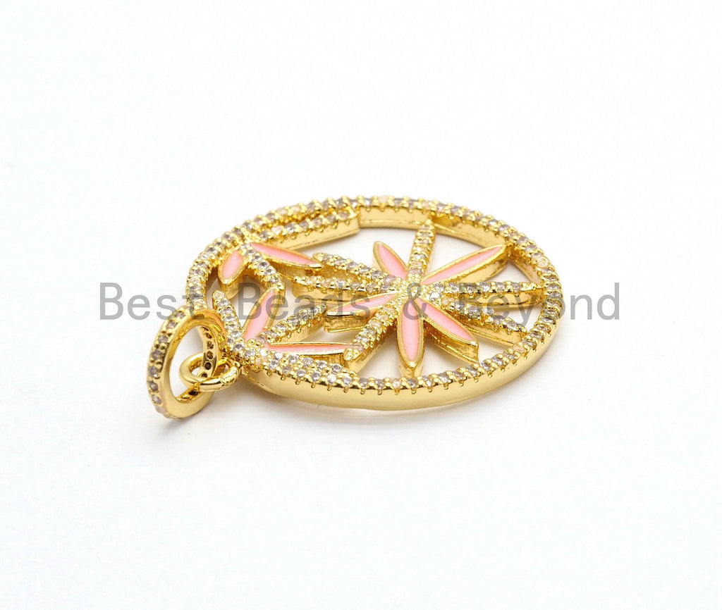 NEW Enamel Colorful Round With Pink Flower Pendant,CZ Micro Pave Oil Drop Round pendant,Enamel pendant,Enamel Jewelry,32x36mm,sku#F575