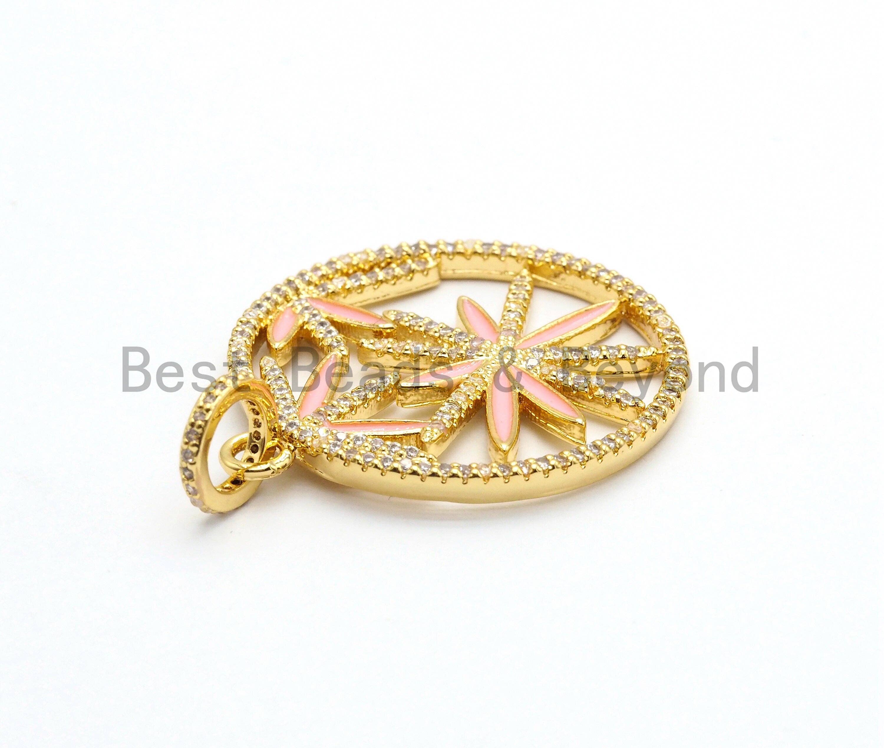NEW Enamel Colorful Round With Pink Flower Pendant,CZ Micro Pave Oil Drop Round pendant,Enamel pendant,Enamel Jewelry,32x36mm,sku#F575