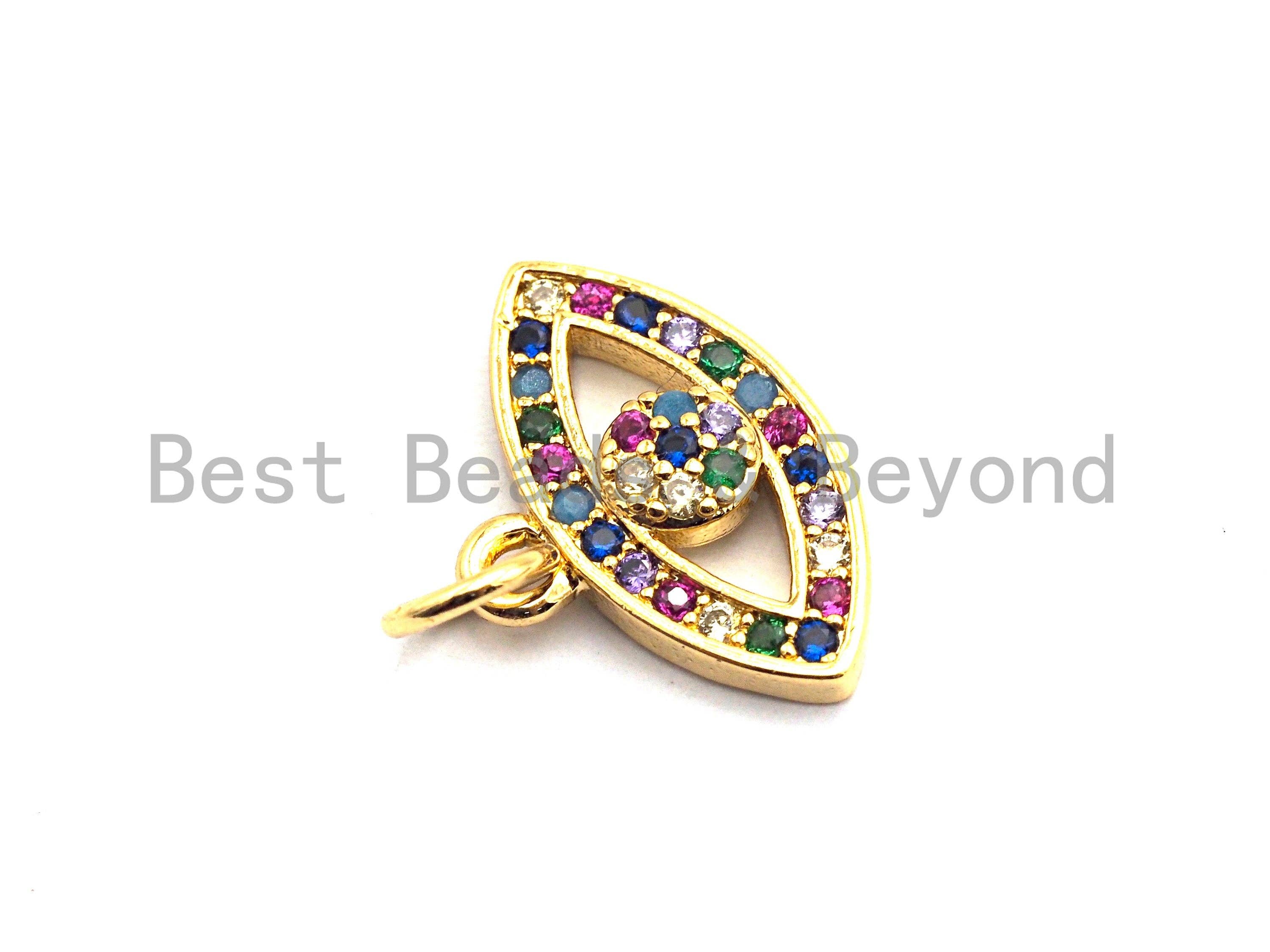 CZ Colorful Micro Pave Evil Eye Pendant, Lucky Eye Shaped Pave Pendant, Gold plated Protection Eye charm, 11x16mm, Sku#F834