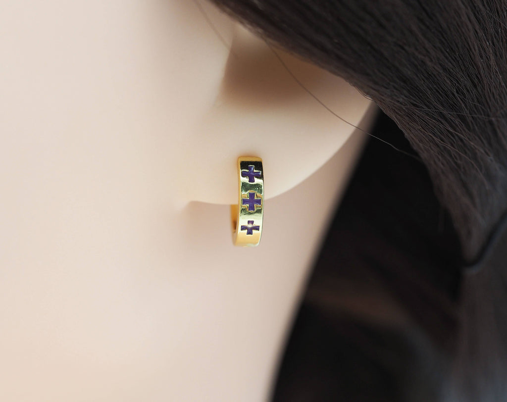 Enamel Cross on Round Huggie Earring, Sku#Y572