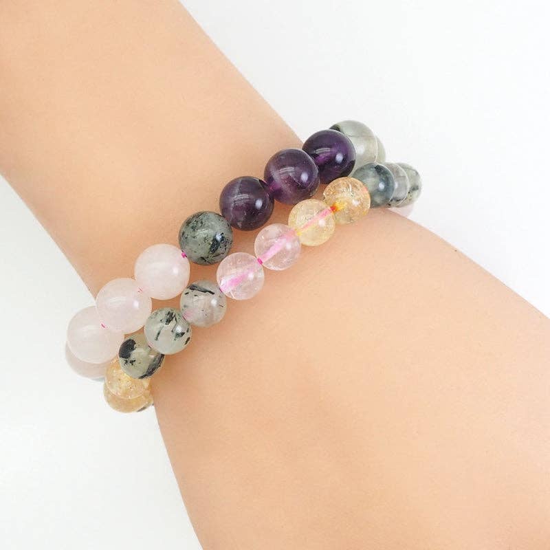 Genuine Mixed Quartz Round Stretchy Bracelet, Sku#EF442