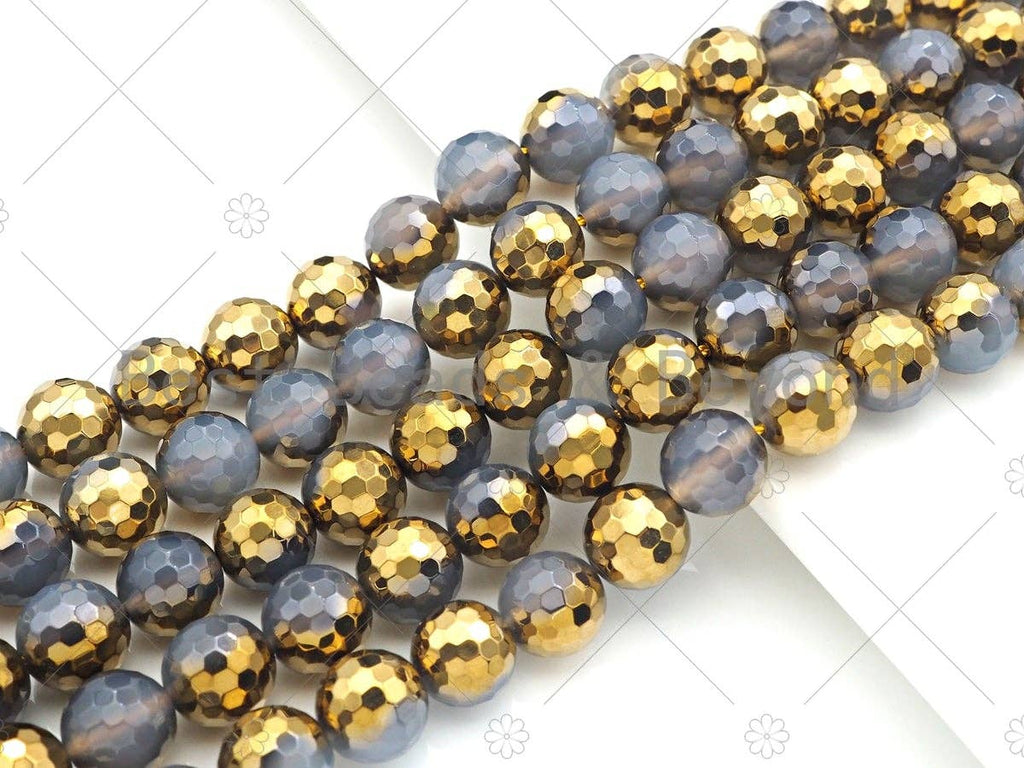 Natural Half Gold Plated Gray Agate Beads, 10mm/12mm Gold Grey Gemstone beads, 15.5" Full Strand, sku#UA99