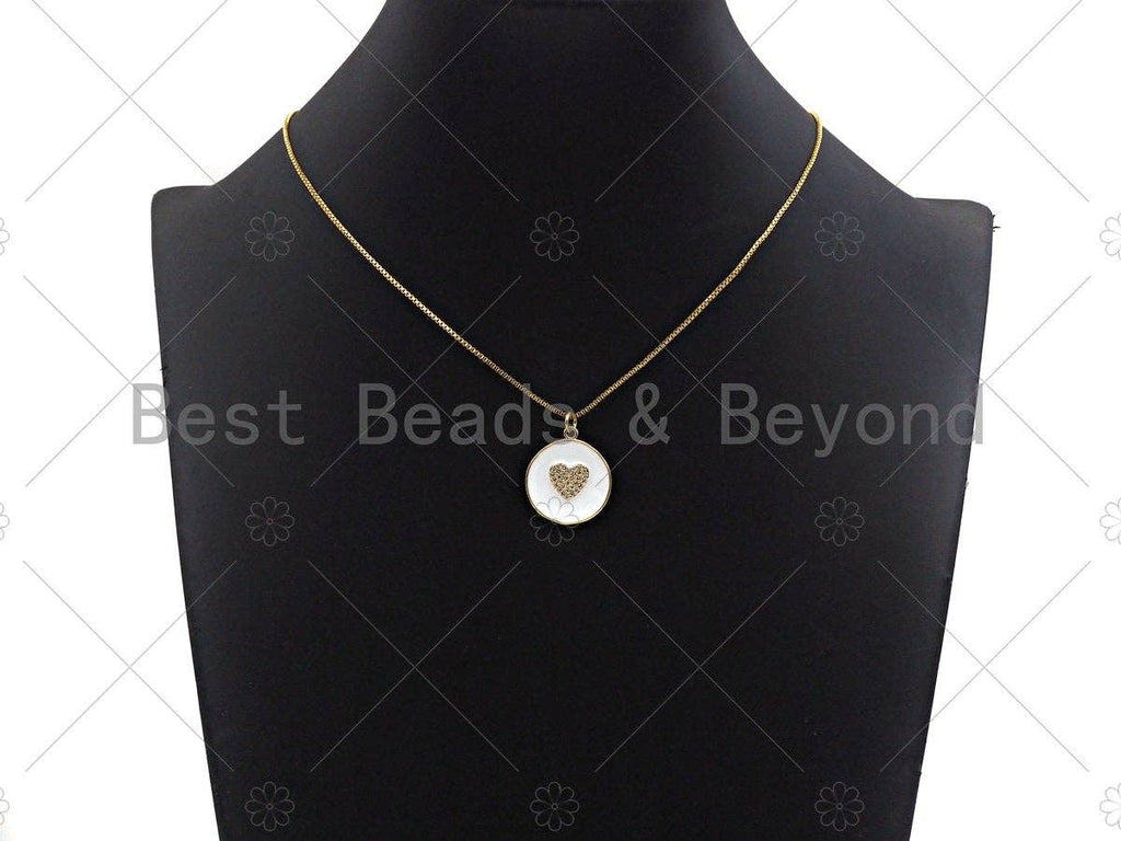 White Enamel Heart On Round Coin Pendant,CZ Micro Pave Enamel pendant,Enamel Charm,Enamel Jewelry,20x23mm,sku#Z1239