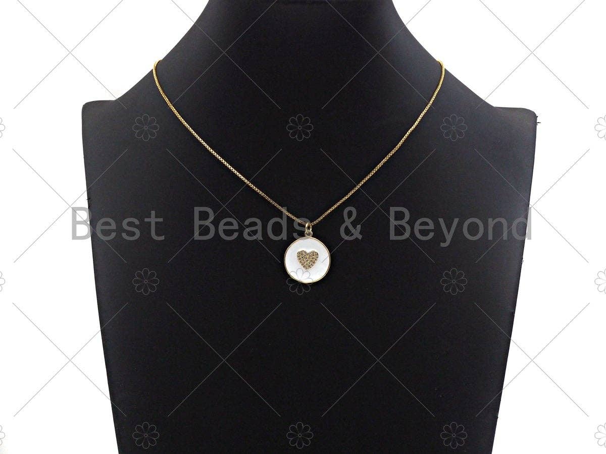 White Enamel Heart On Round Coin Pendant,CZ Micro Pave Enamel pendant,Enamel Charm,Enamel Jewelry,20x23mm,sku#Z1239