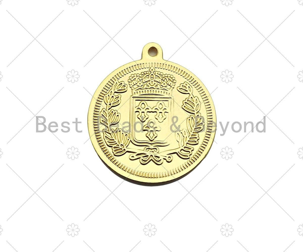 18k Gold Embossed Coin Charms, Medallion Charms Pendant, Round Necklace Charms, 29x25mm, Sku#Y376