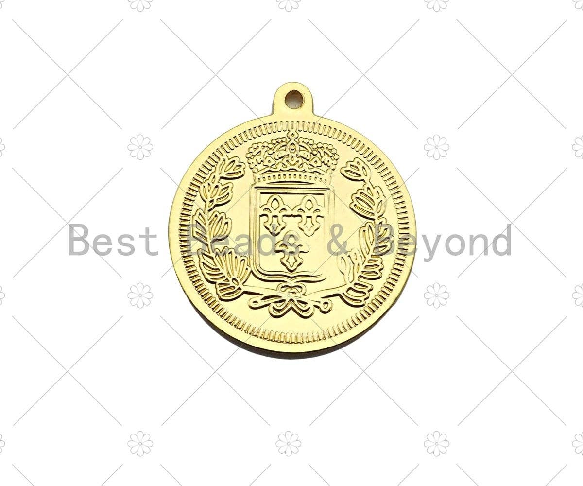 18k Gold Embossed Coin Charms, Medallion Charms Pendant, Round Necklace Charms, 29x25mm, Sku#Y376