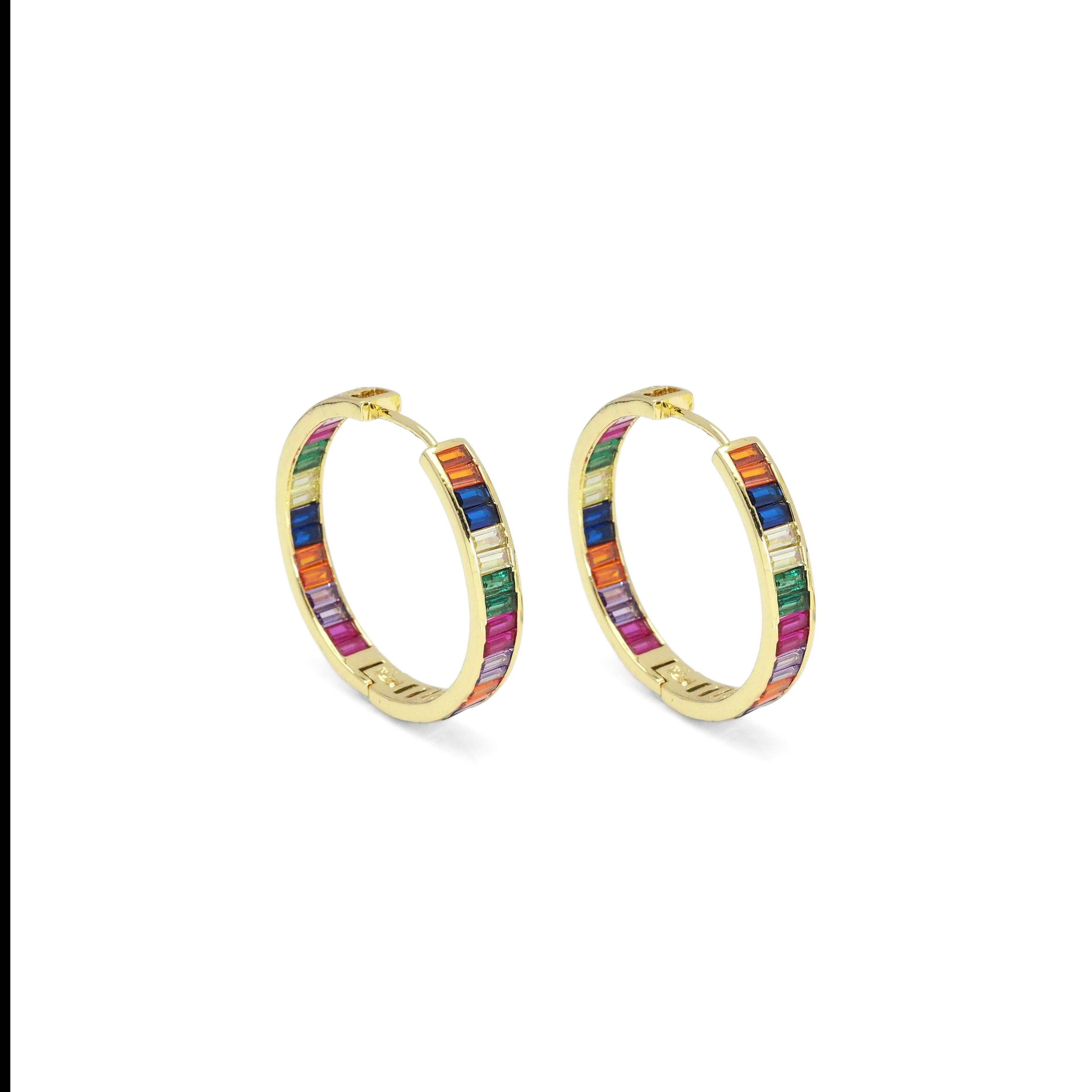 Colorful Baguette CZ Hoop Earrings, Sku#LD470c