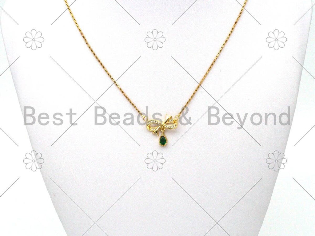 Emerald Green Teardrop CZ Micro Pave Bowknot Shape Pendant/Charm,18K Gold Filled Charm, Necklace Bracelet Charm Pendant,20x19mm,Sku#LK401