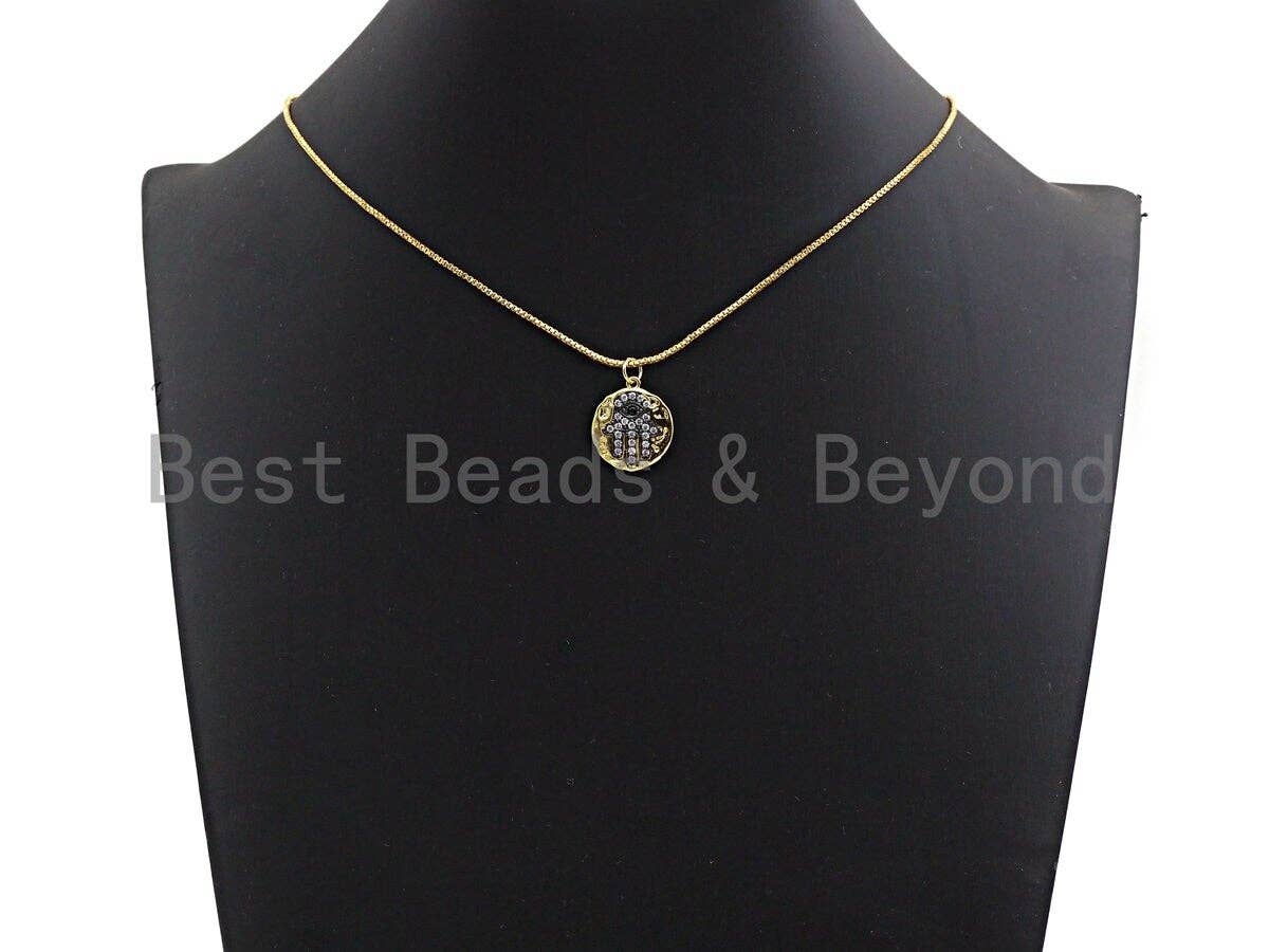 Dual Color CZ Micro Pave Hamsa Hand Hammered Gold Coin Charm,Hamsa Hand Cubic Zirconia Pendant,24K Gold Tone,16x18mm,Sku#Z443