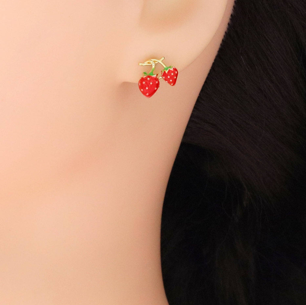 CZ Gold Red Enamel Strawberry Stud Earrings, Sku#ZX193