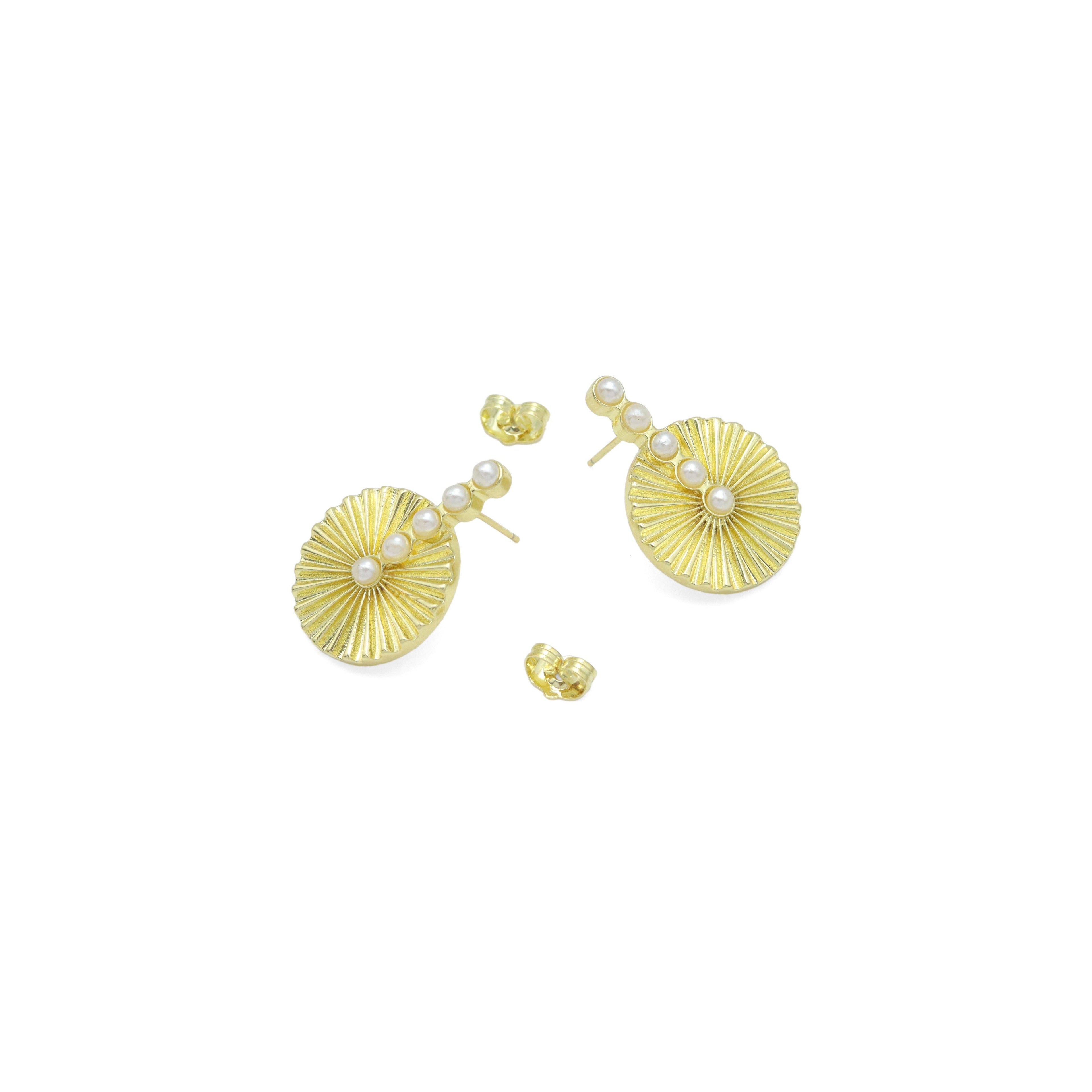 Gold Silver White Pearl Radical Disc Stud Earrings, Sku#LX742