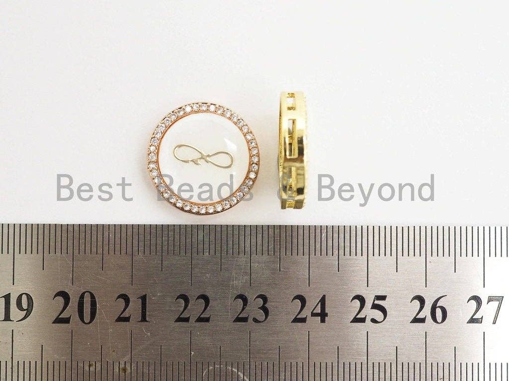 CZ Micro Pave Gilding Infinity Symbol on Mother of Pearl Round Beads, Pave Pendant Connector Beads for Bracelet/Necklace, 19mm,sku#Z246