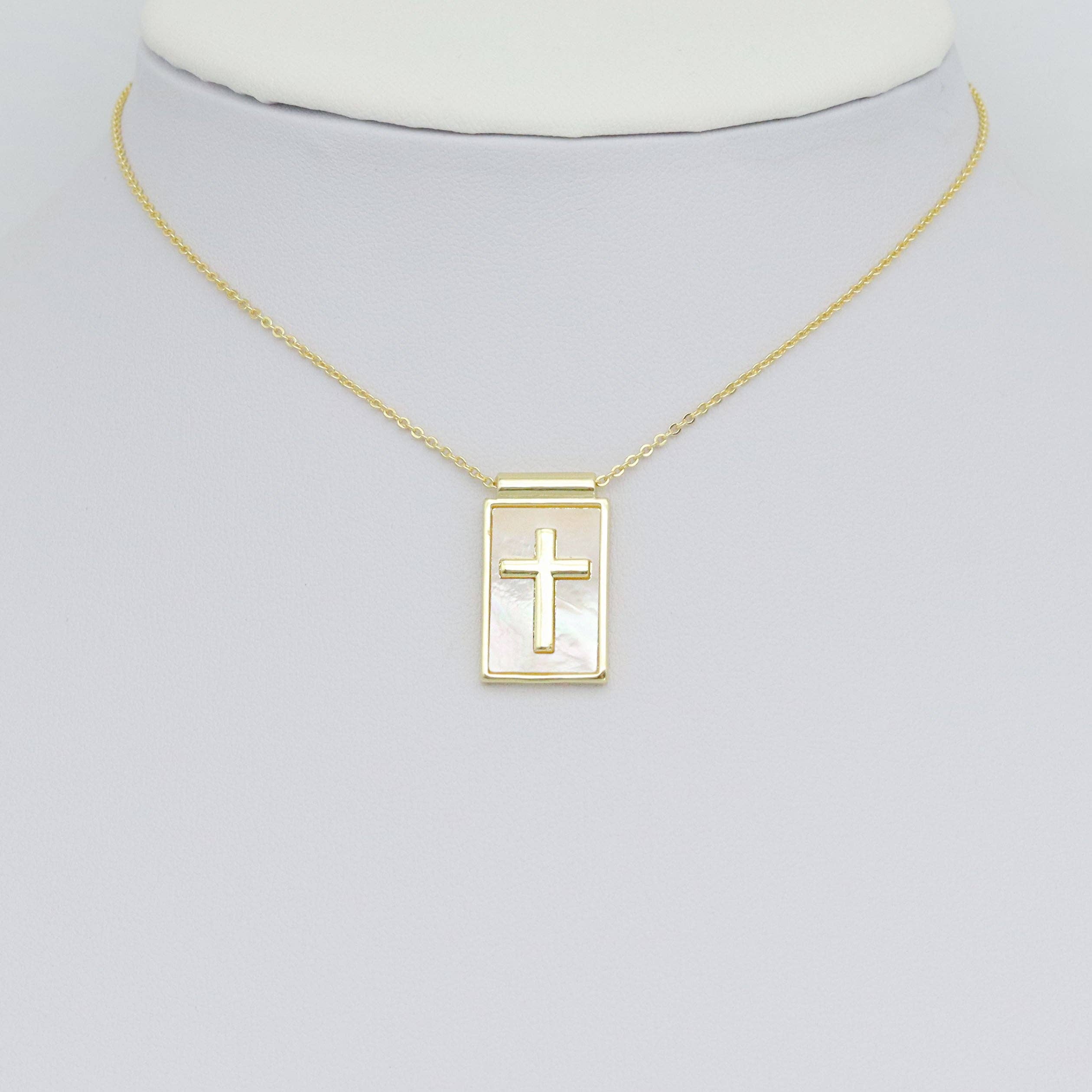 Gold Cross on Mother of Pearl Cross Rectangle Shape Charm Pendant, Sku#LK1051