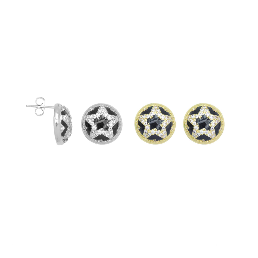 CZ Black Enamel Star On Round Stud Earrings, Sku#A396
