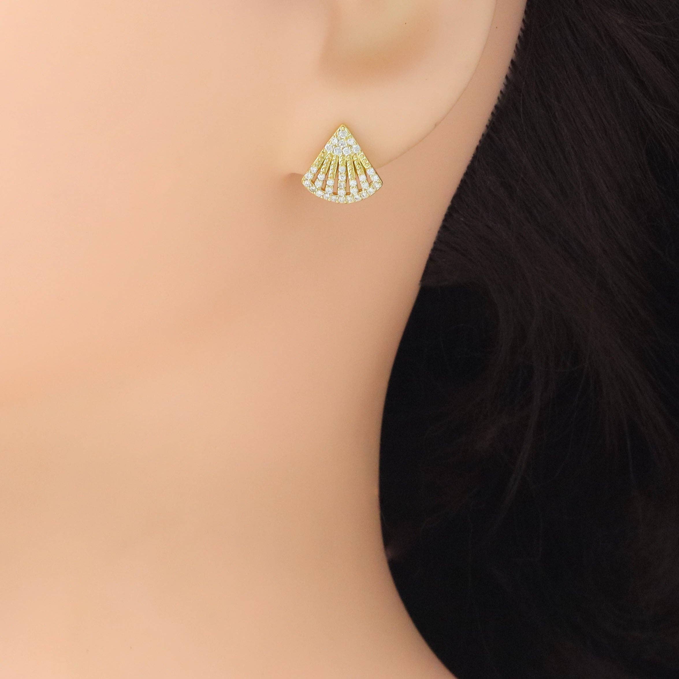 Clear CZ Fan Shape Stud Earrings, Sku#A417