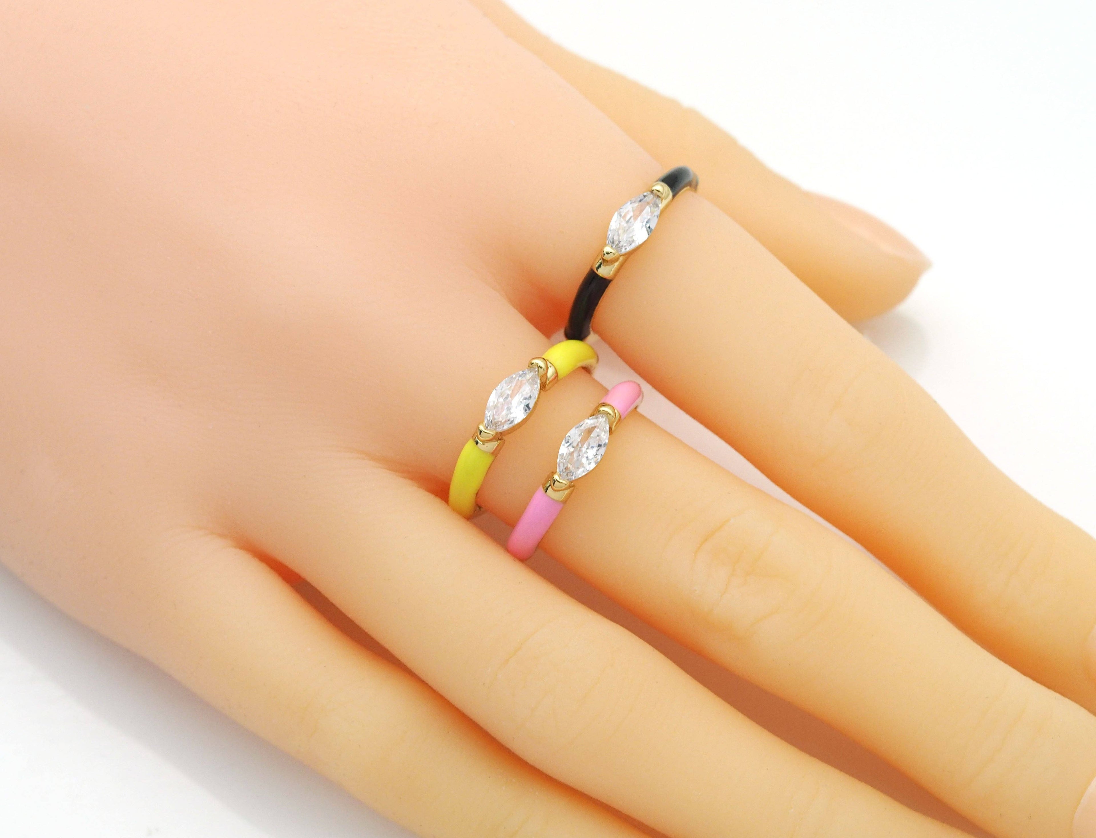 Thin Stackable Gold Enamel Oval CZ Eye Ring, Sku#Y768