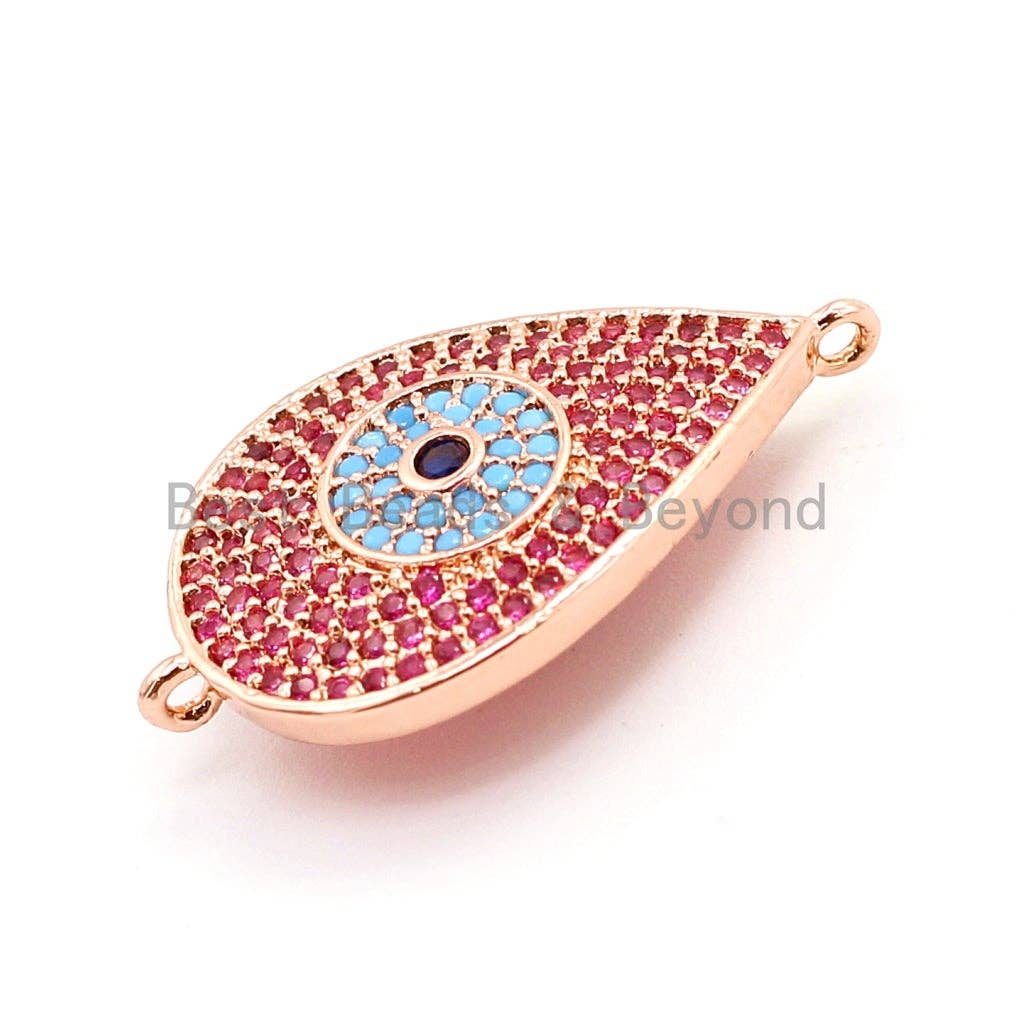 CZ Micro Pave Fuchsia Teardrop Connector with Turquoise Evil Eye for Bracelet/Necklace, Cubic Ziroconia Space Connector, 15x27mm,sku#E26C